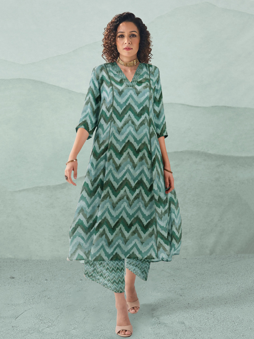 

BAESD Women Printed Regular Kurta with Palazzos, Green