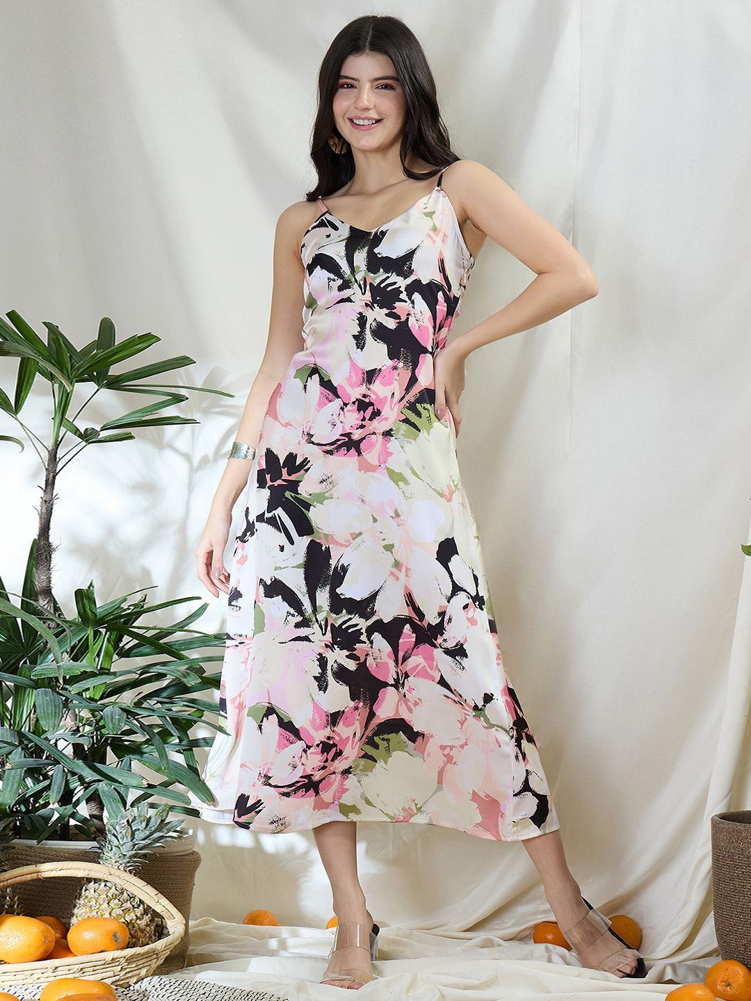 

ZUMMER Floral Print Satin A-Line Midi Dress, Multi