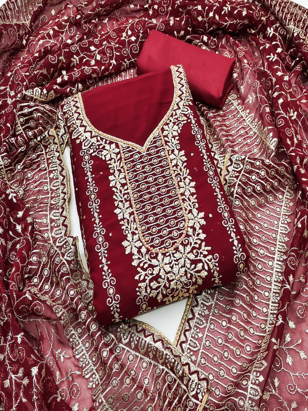 

KALINI Ethnic Motifs Embroidered Sequinned Georgette Unstitched Dress Material, Maroon