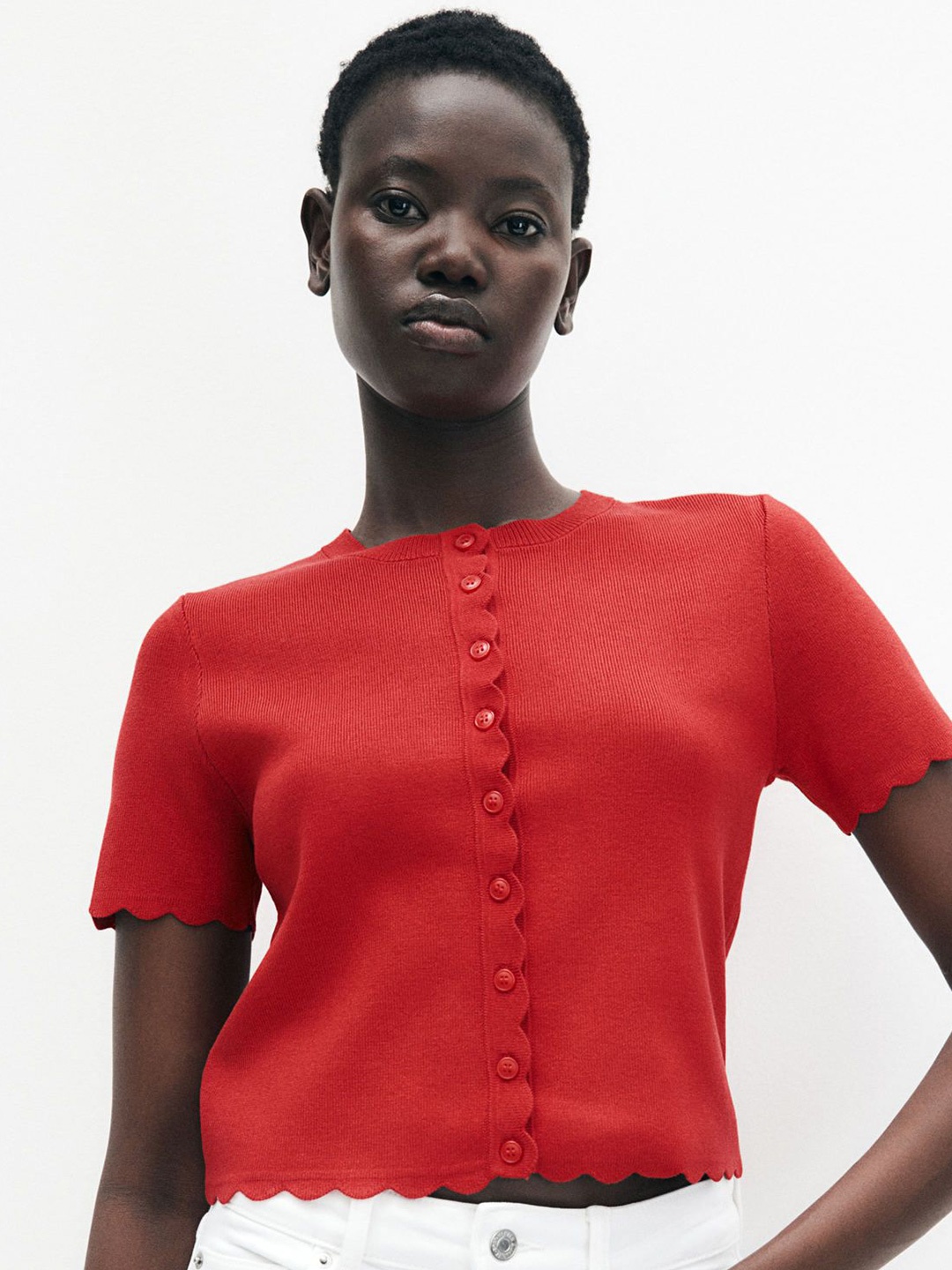 

H&M Scalloped Fine-Knit Cardigan, Red
