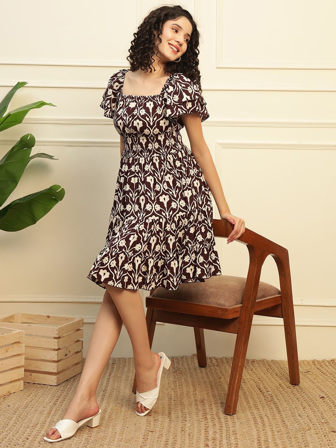 

DEEBACO Floral Print Bell Sleeve Fit & Flare Dress, Maroon