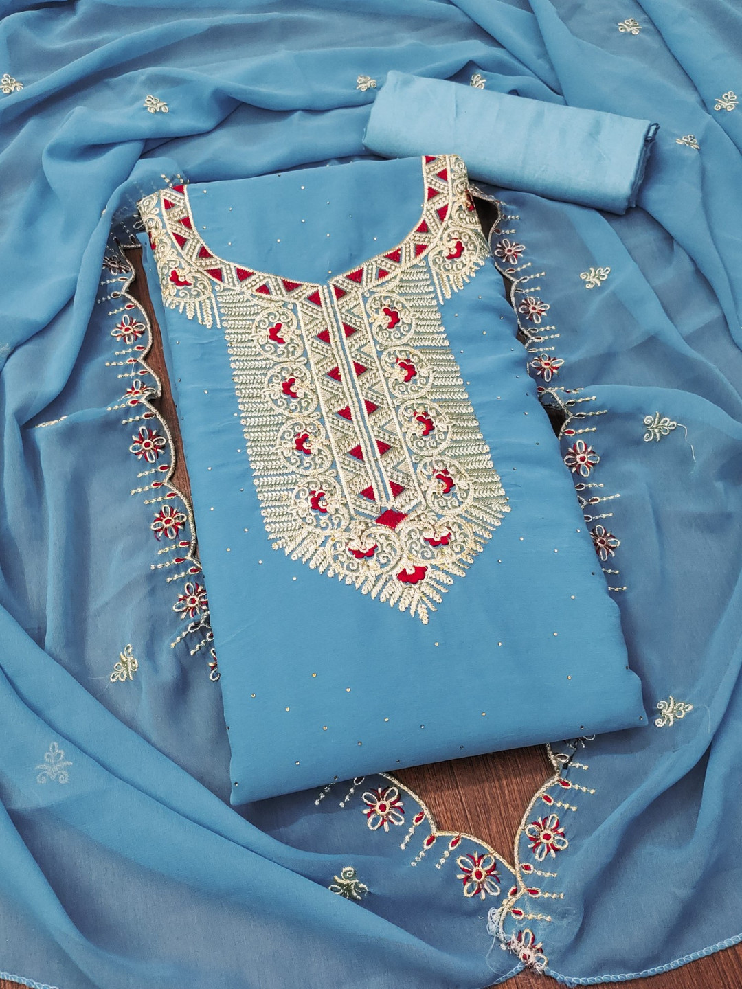 

Panzora Embroidered Zari Unstitched Dress Material, Blue