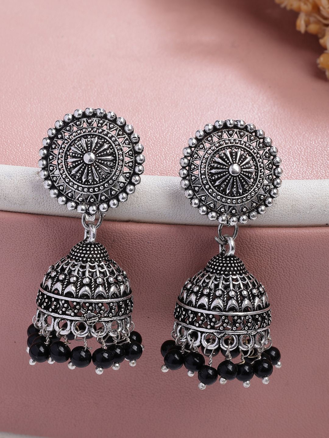 

NVR Silver-Plated Dome-Shaped Oxidised Artificial Beads Jhumka