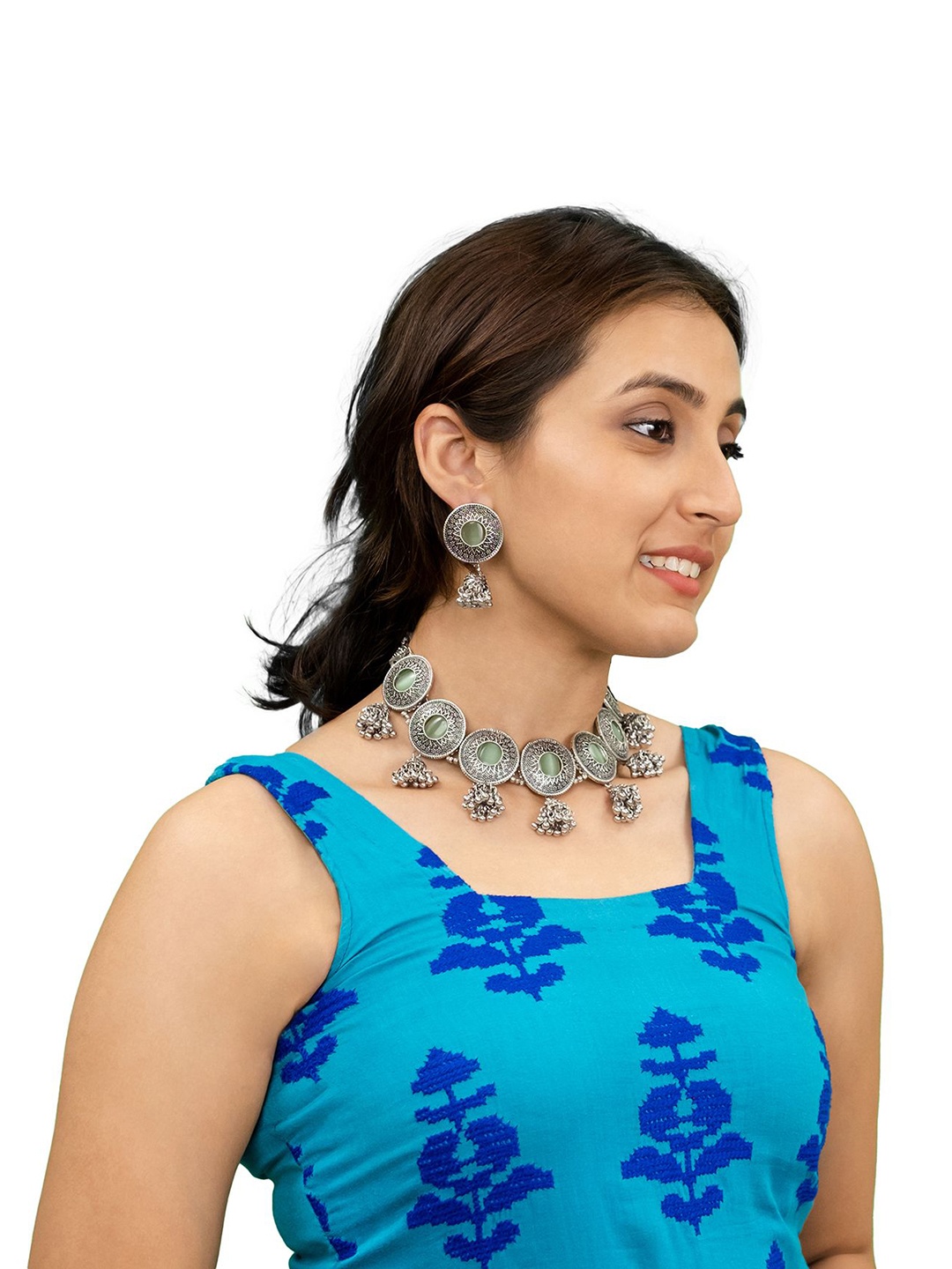 

Shining Jewel - By Shivansh Silver Plated Artificial Stones Studded & Beaded Jewellery Set