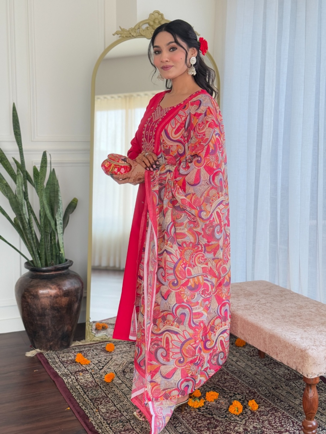 

KALINI Women Floral Embroidered Regular Thread Work Kurta with Trousers & With Dupatta, Pink