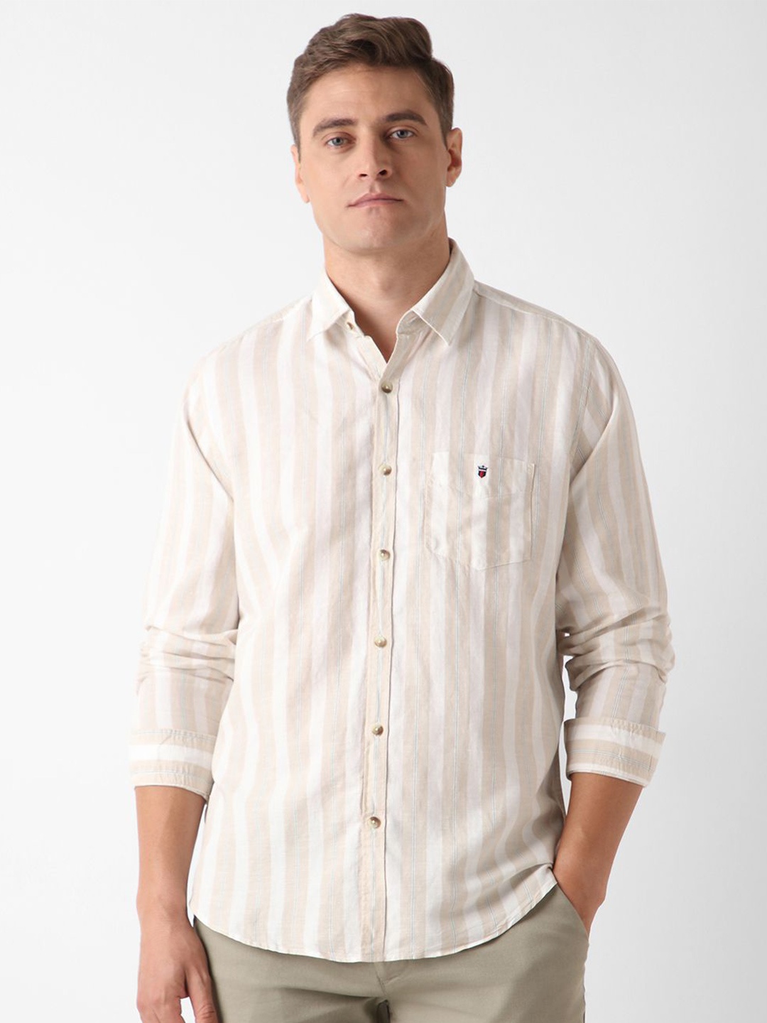 

Louis Philippe Sport Men Slim Fit Opaque Striped Casual Shirt, Beige