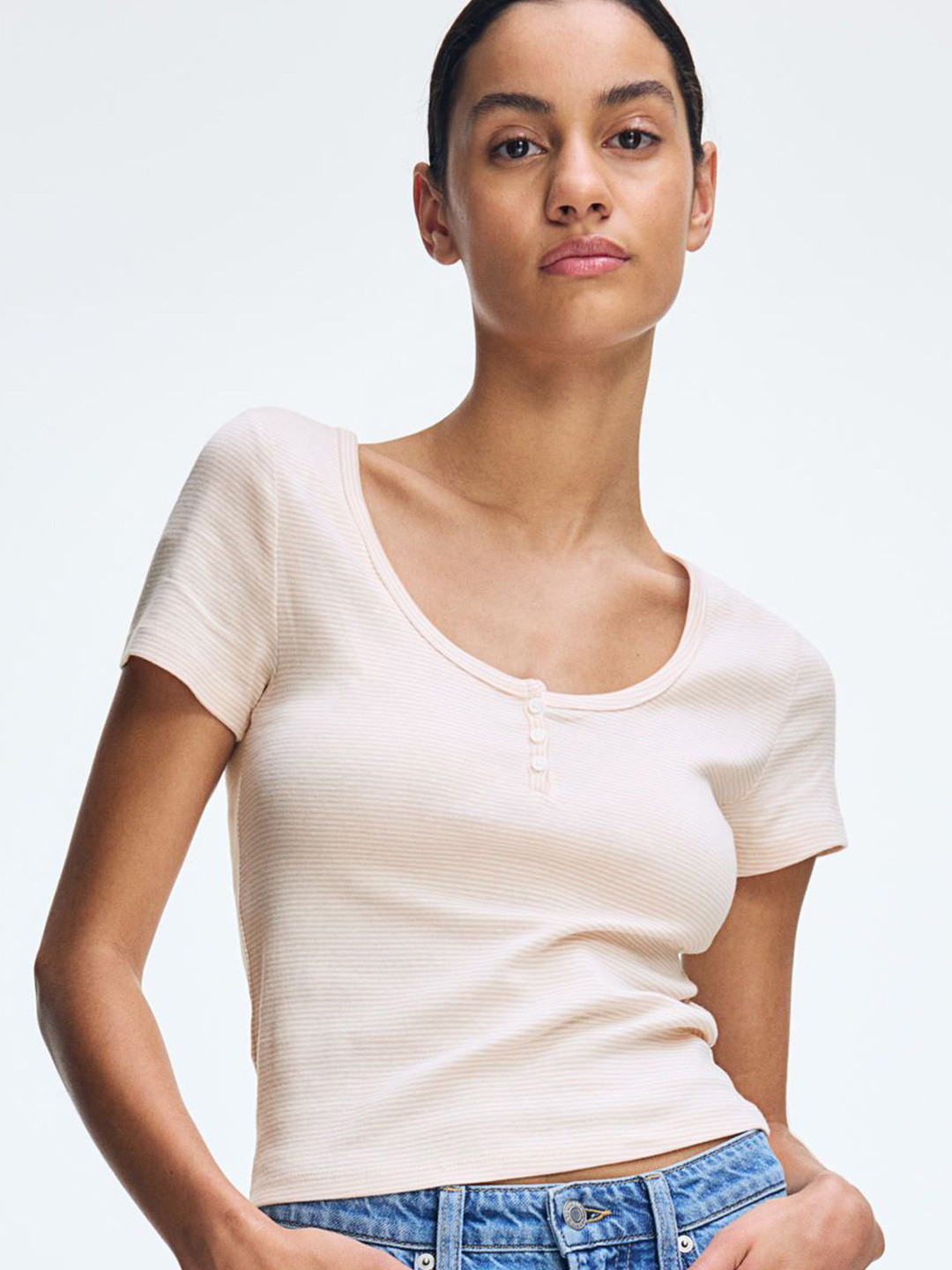 

H&M Button-Top Scoop-Neck T-shirt, Pink
