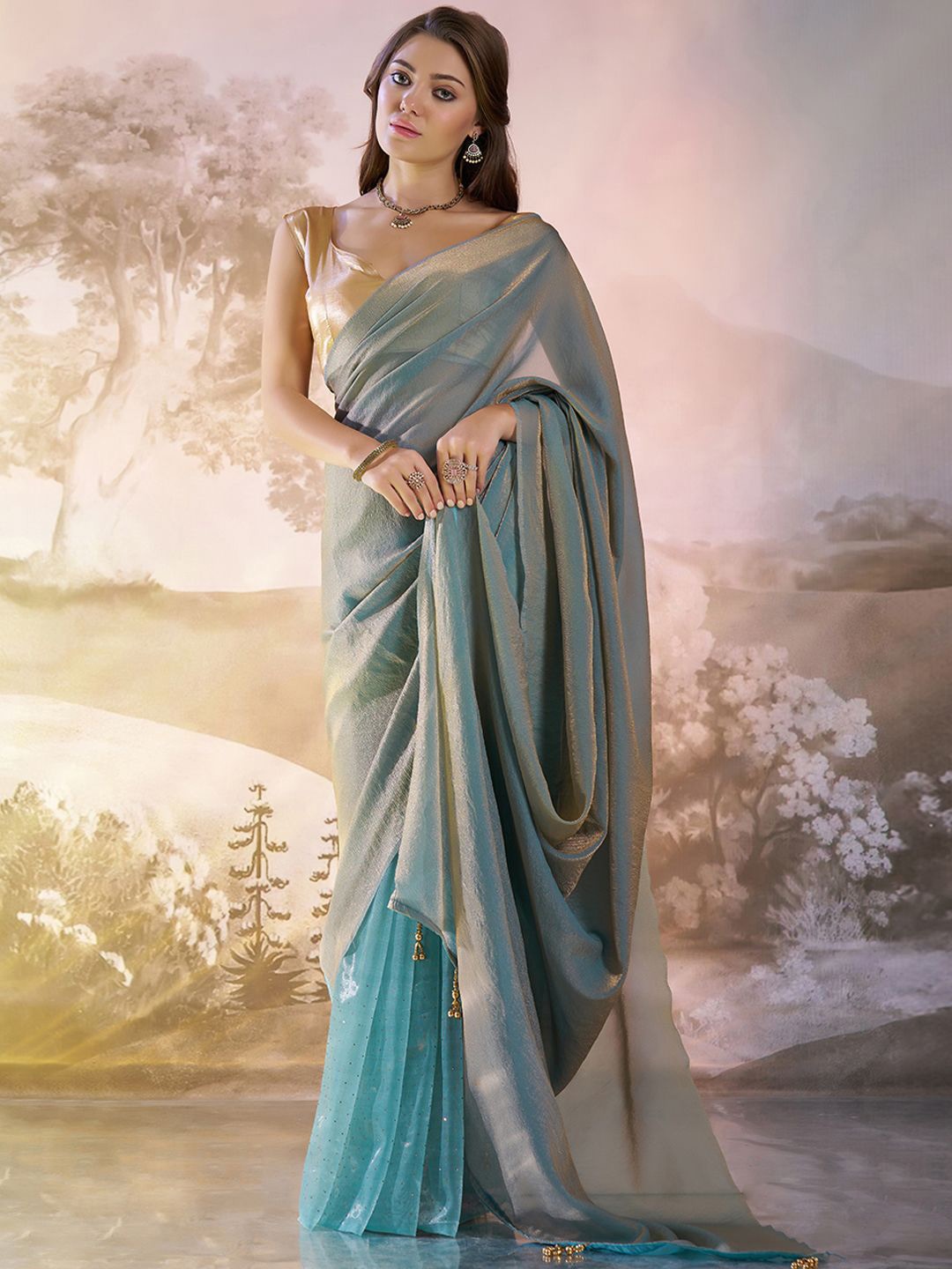 

Mitera Embellished Organza Ready to Wear Saree, Turquoise blue