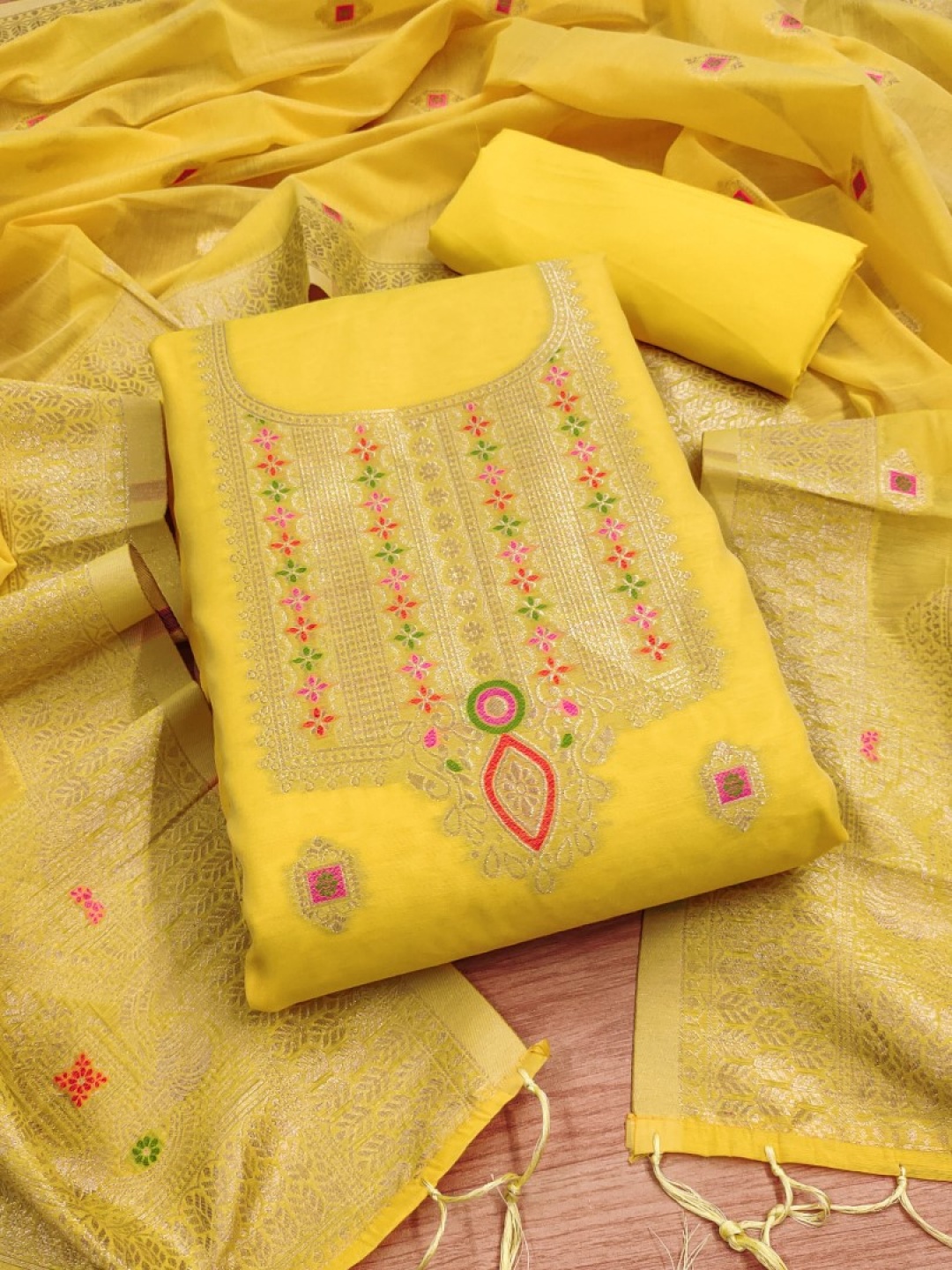 

Rangtulika Ethnics Floral Woven Design Unstitched Dress Material, Yellow