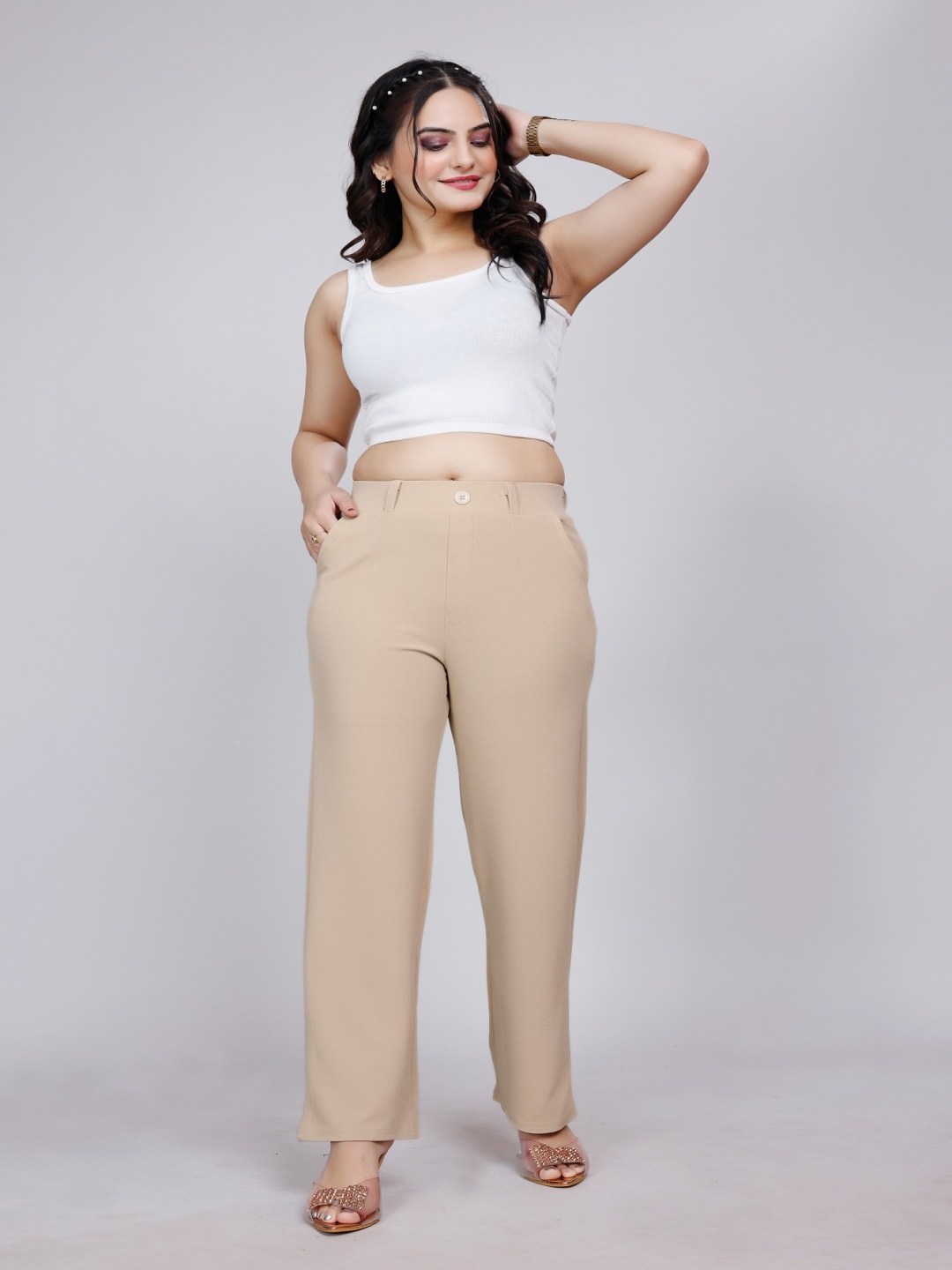 

NU CLOTHS Women Relaxed Straight Leg High-Rise Trousers, Beige