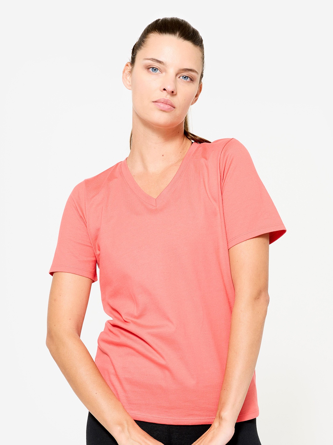 

Domyos By Decathlon Women's V-Neck Cotton Fitness T-Shirt, Pink