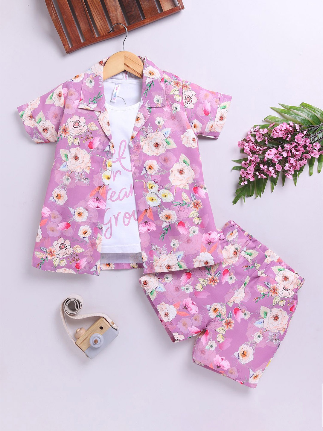 

Toonyport Girls Floral Printed Pure Cotton T-shirt And Shirt with Shorts, Lavender