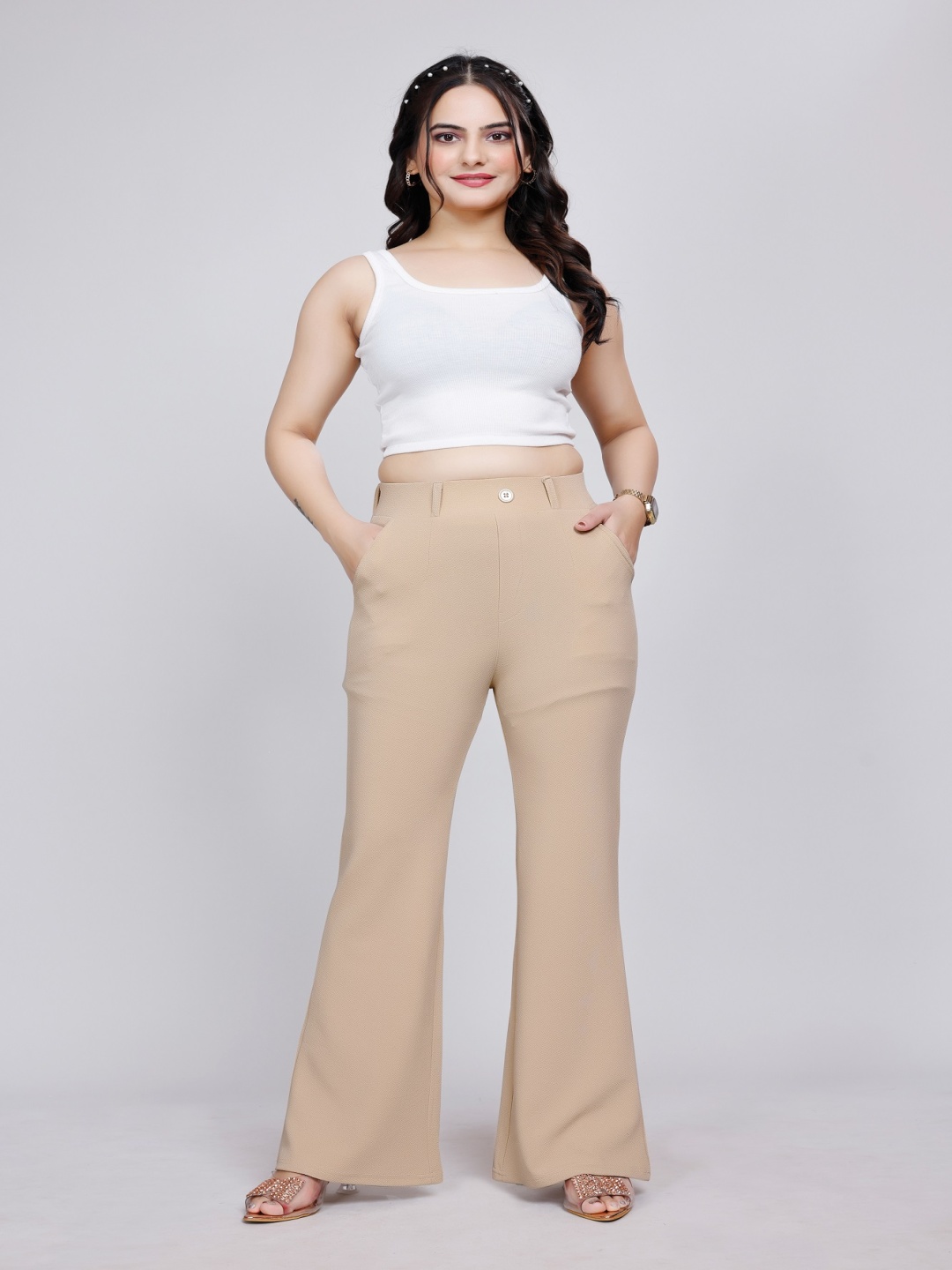 

NU CLOTHS Women Relaxed Straight Leg High-Rise Trousers, Beige