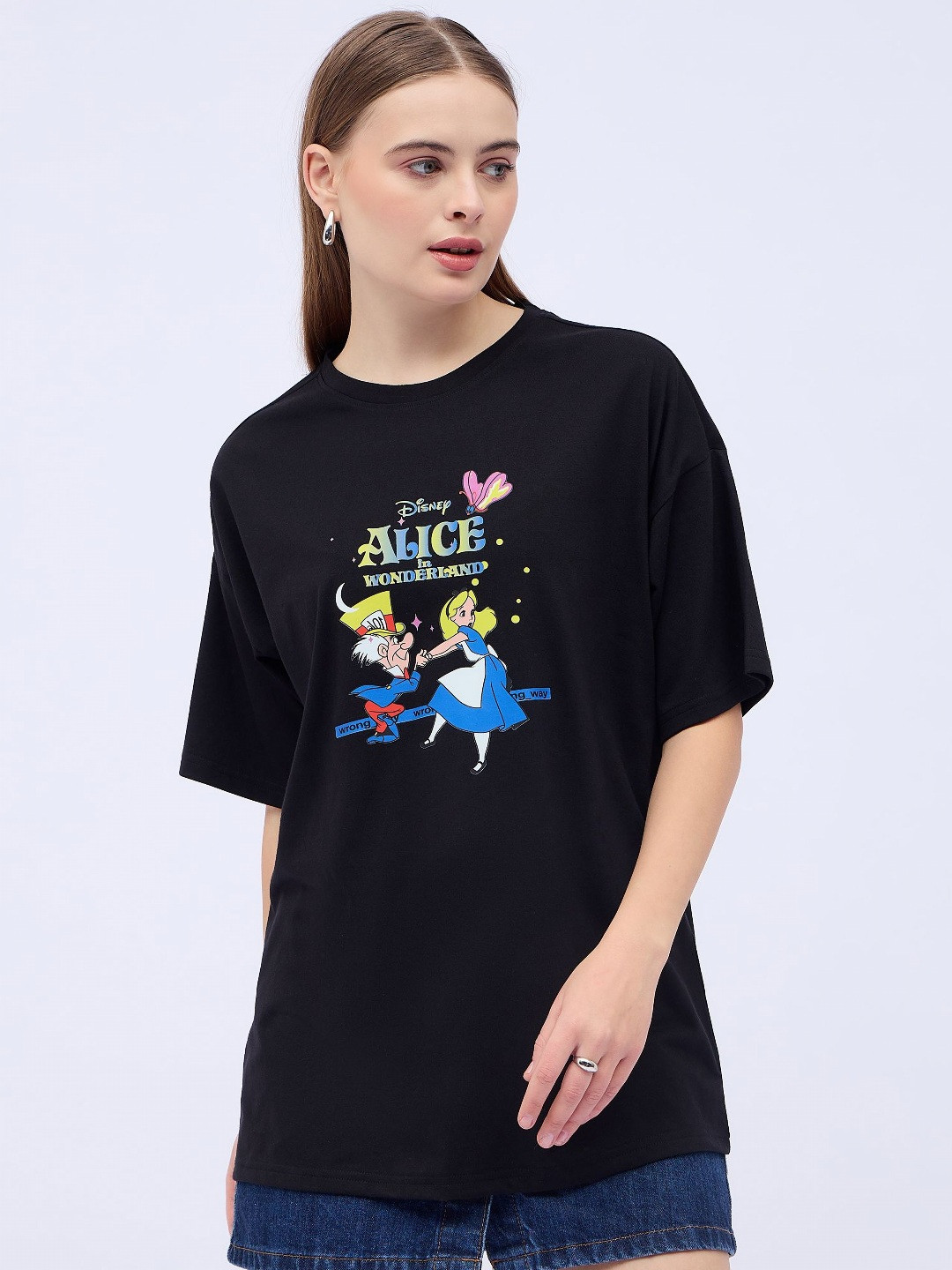 

DressBerry Women Printed Drop-Shoulder Sleeves T-shirt, Black