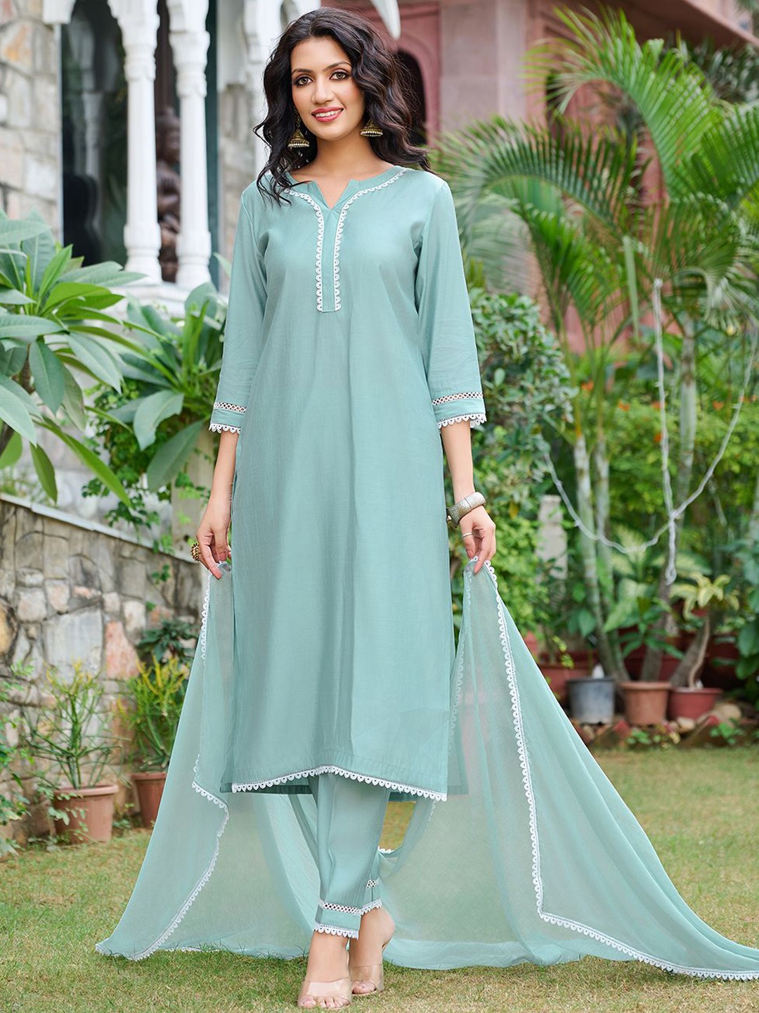 

Moda Rapido Women Regular Kurta with Trousers & With Dupatta, Turquoise blue