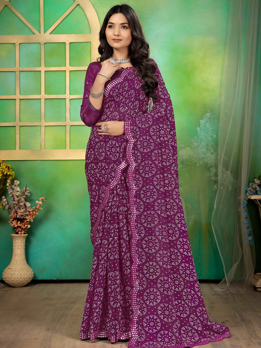 

NEGRONI Bandhani Mirror Work Poly Georgette Bandhani Saree, Purple