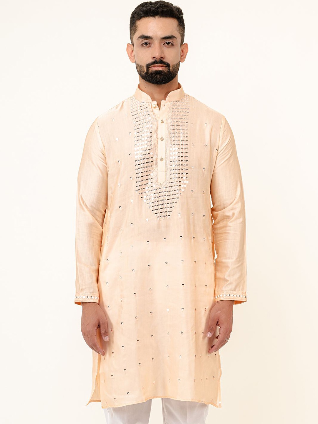 

Tistabene Embroidered Mandarin Collar Thread Work Handloom Straight Kurta, Pink
