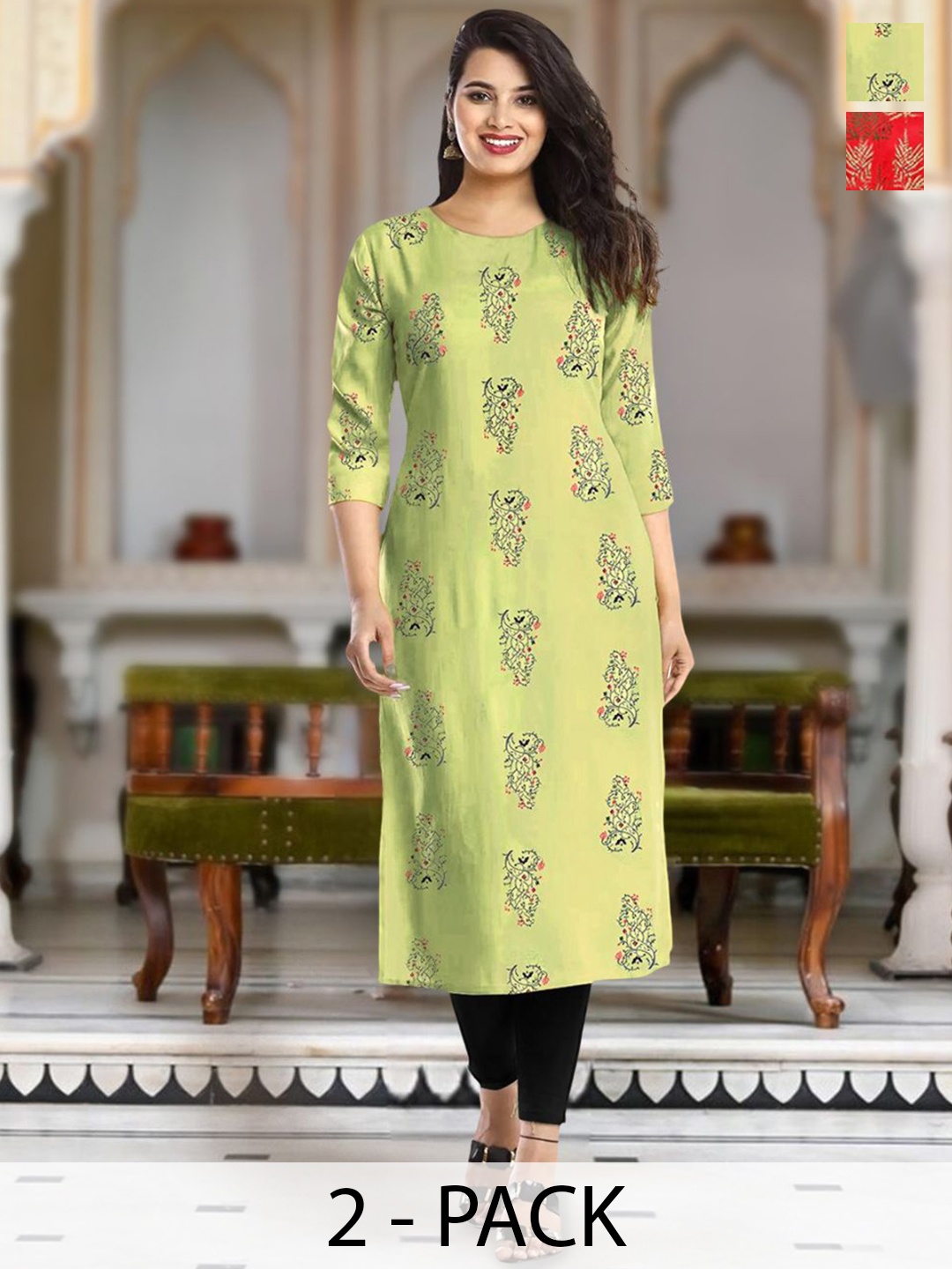 

Moda Rapido Selection Of 2 Floral Printed Round Neck Straight Kurtas, Green