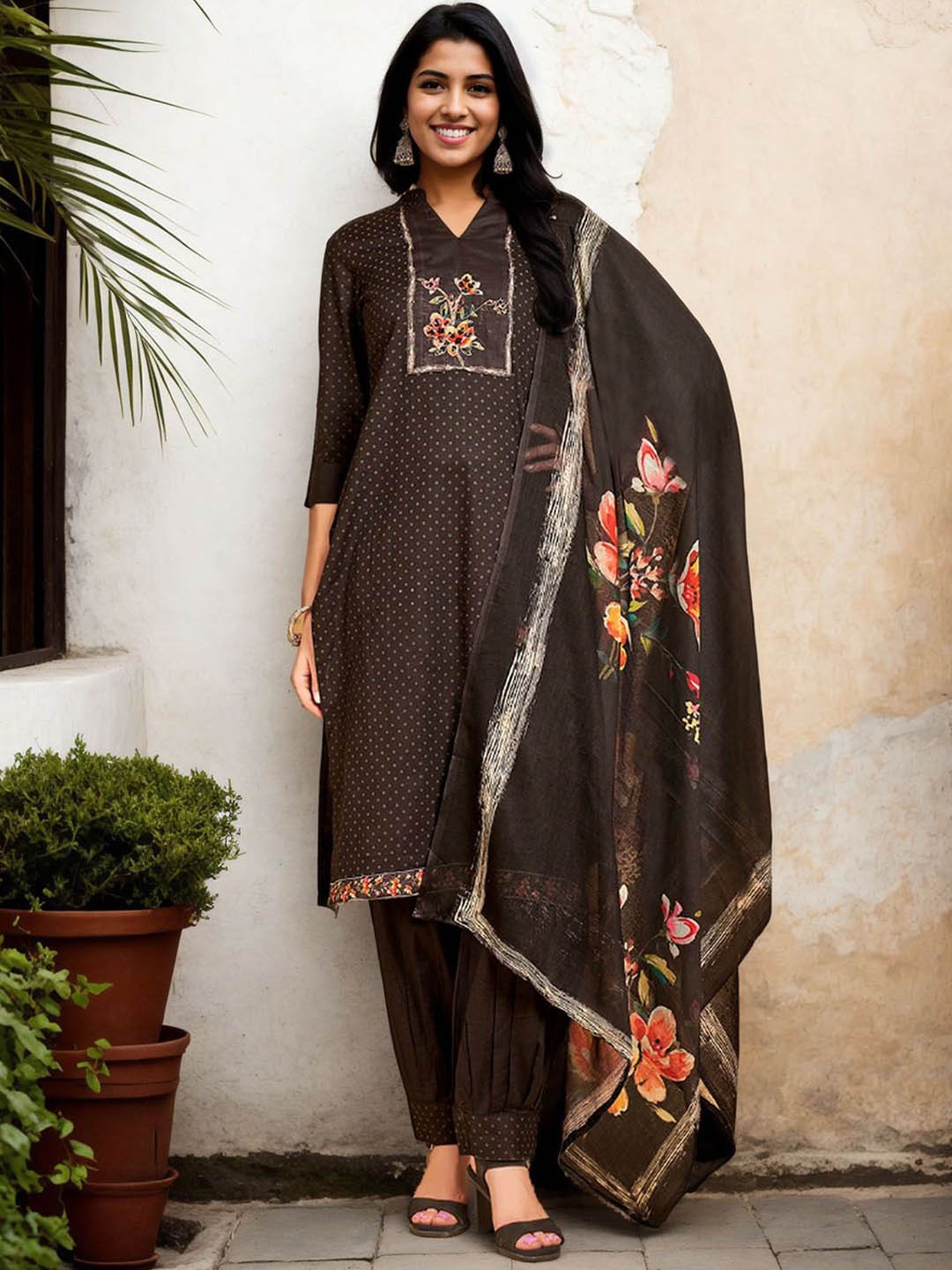 

Anouk Women Floral Embroidered Regular Thread Work Pure Cotton Kurta with Harem Pants & With Dupatta, Brown