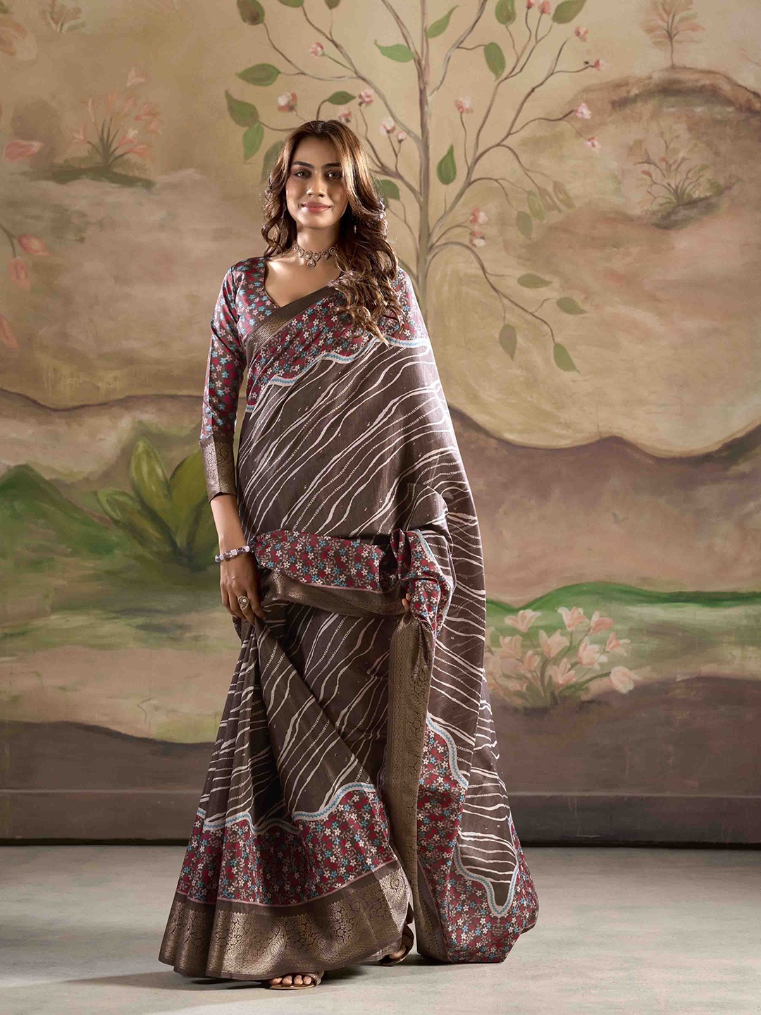 

Blissta Striped Zari Silk Blend Saree, Coffee brown