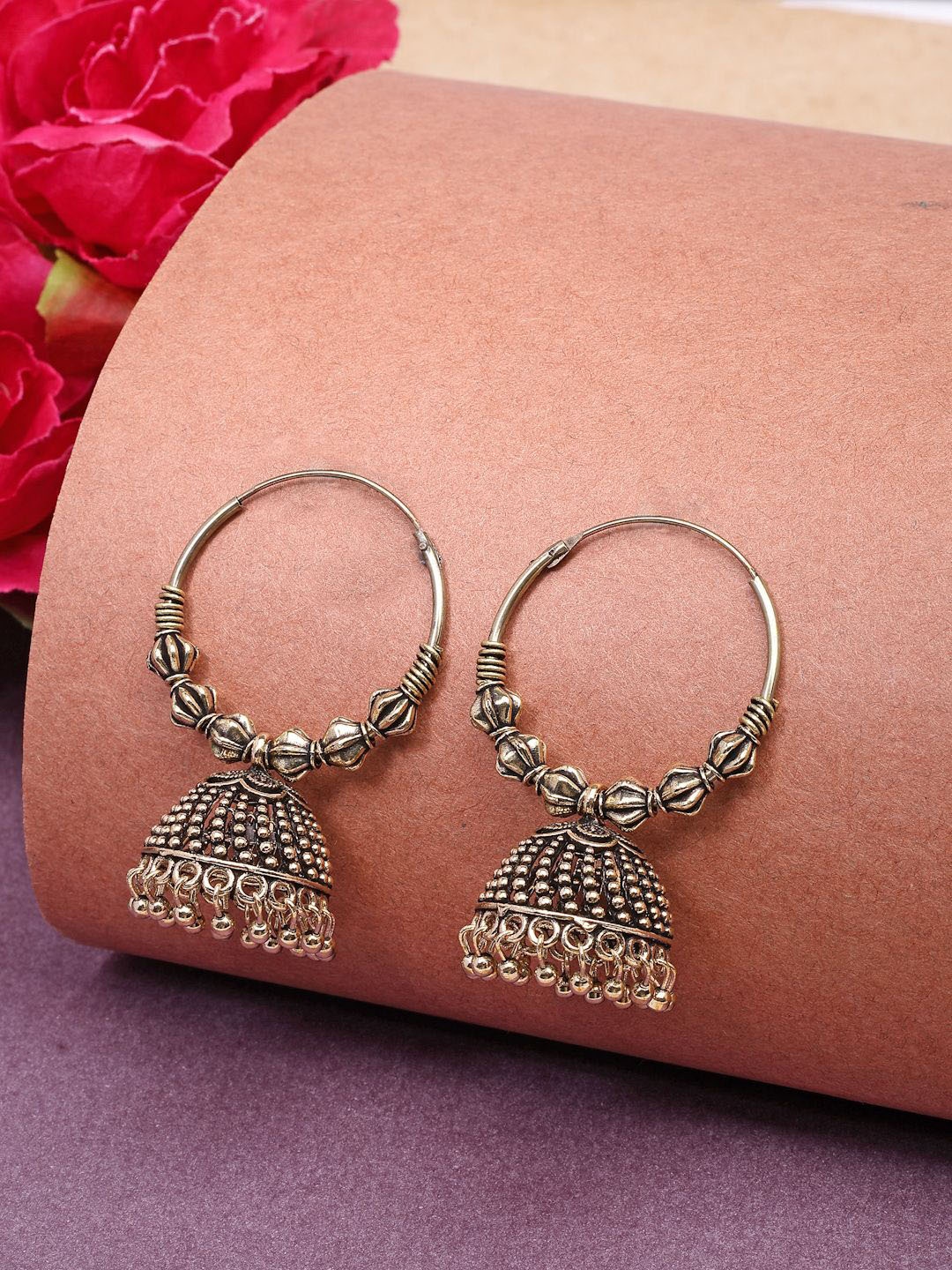 

NVR Women German Silver Gold Plated Oxidised Dome Shaped Traditional Jhumka Earrings