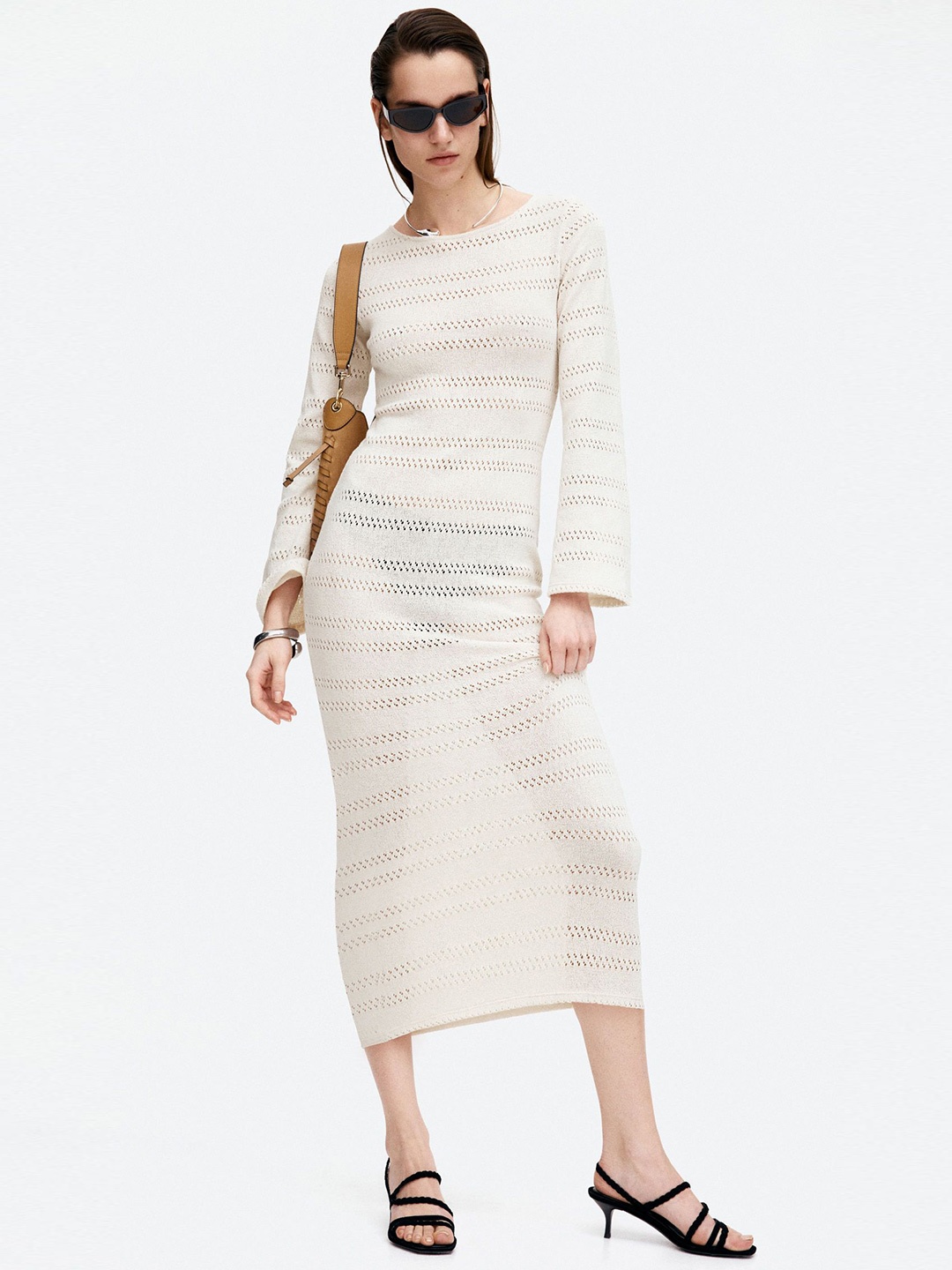 

H&M Lacing-Detail Hole-Knit Dress, Beige