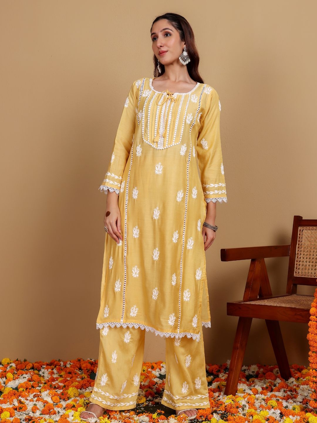 

Chowkhat Women Floral Embroidered Panelled Chikankari Chanderi Cotton Kurta with Palazzos, Yellow