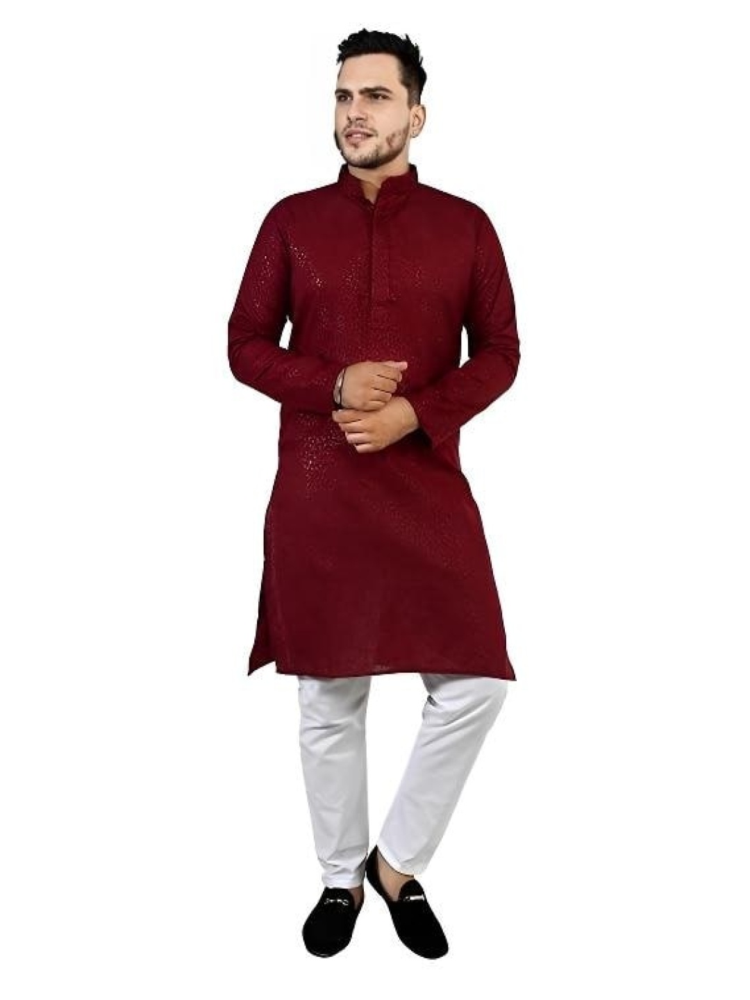 

Atly Men Ethnic Motifs Printed Regular Sequinned Kurta with Pyjamas, Maroon