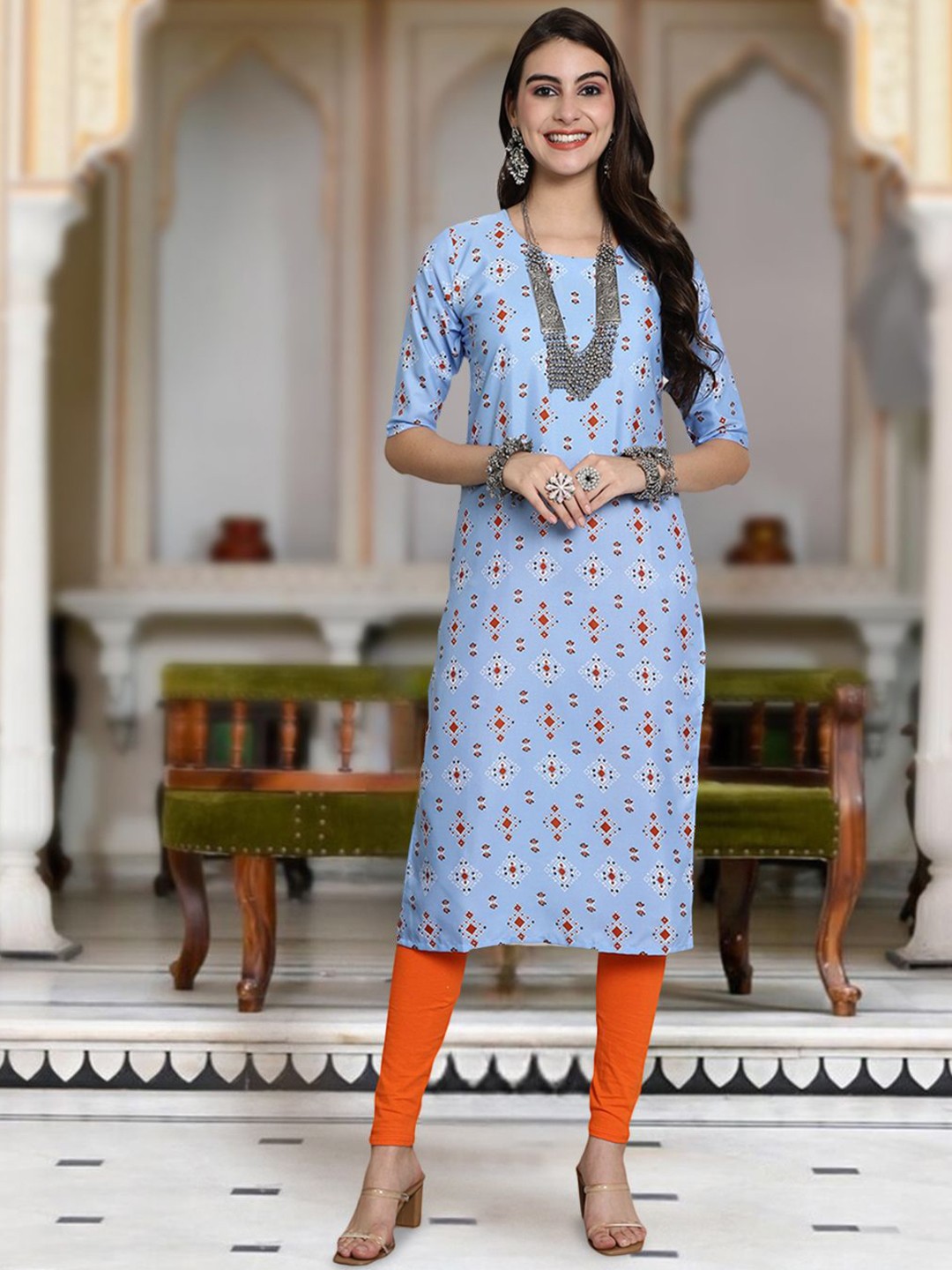 

Moda Rapido Geometric Printed Round Neck Straight Kurta, Blue