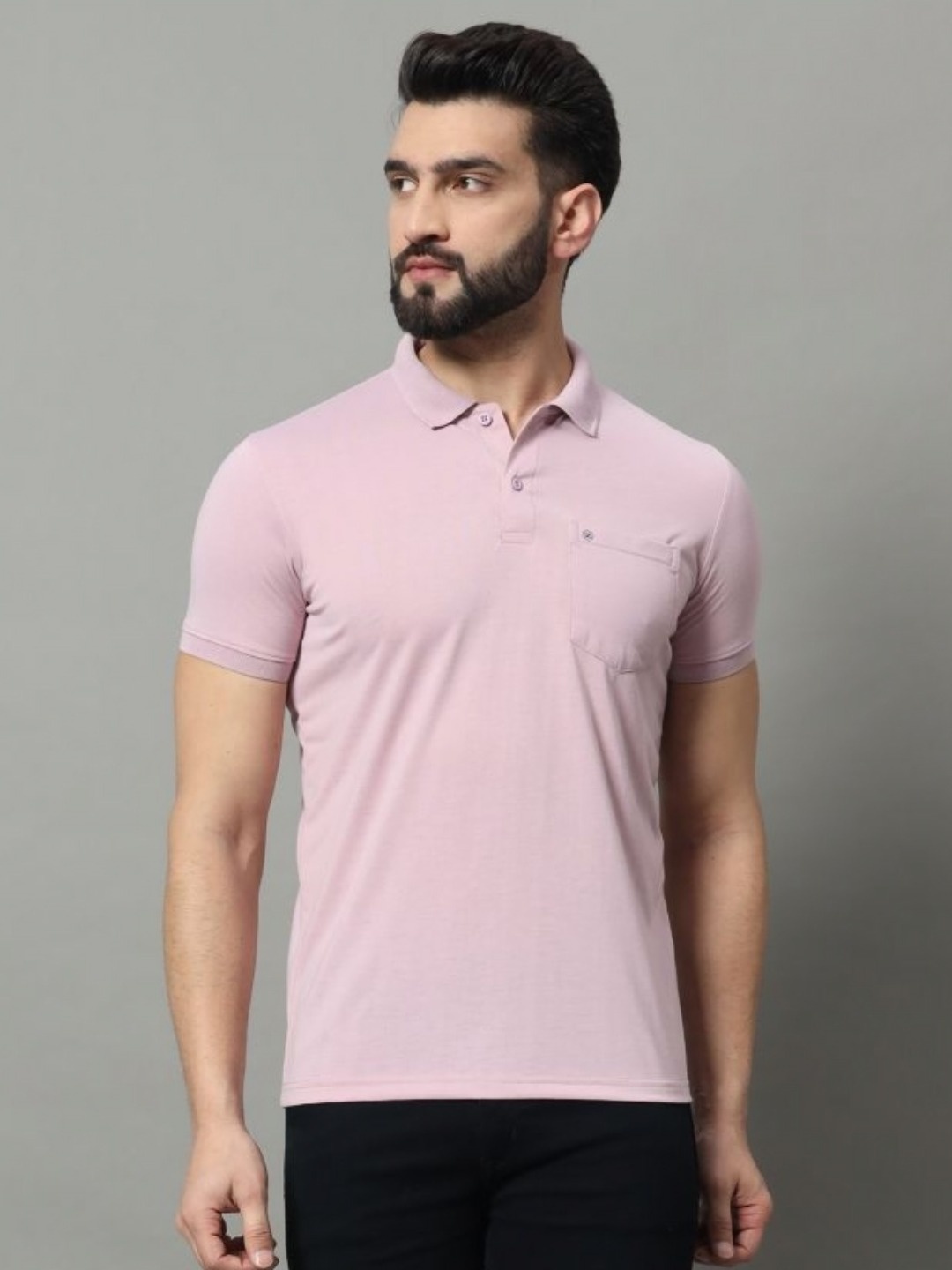 

OGEN Men Polo Collar Pockets T-shirt, Peach