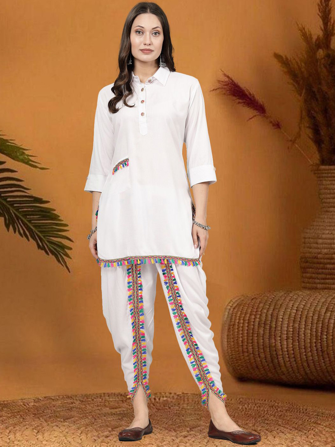 

Moda Rapido Shirt Collar Tunic With Dhoti Pants, White