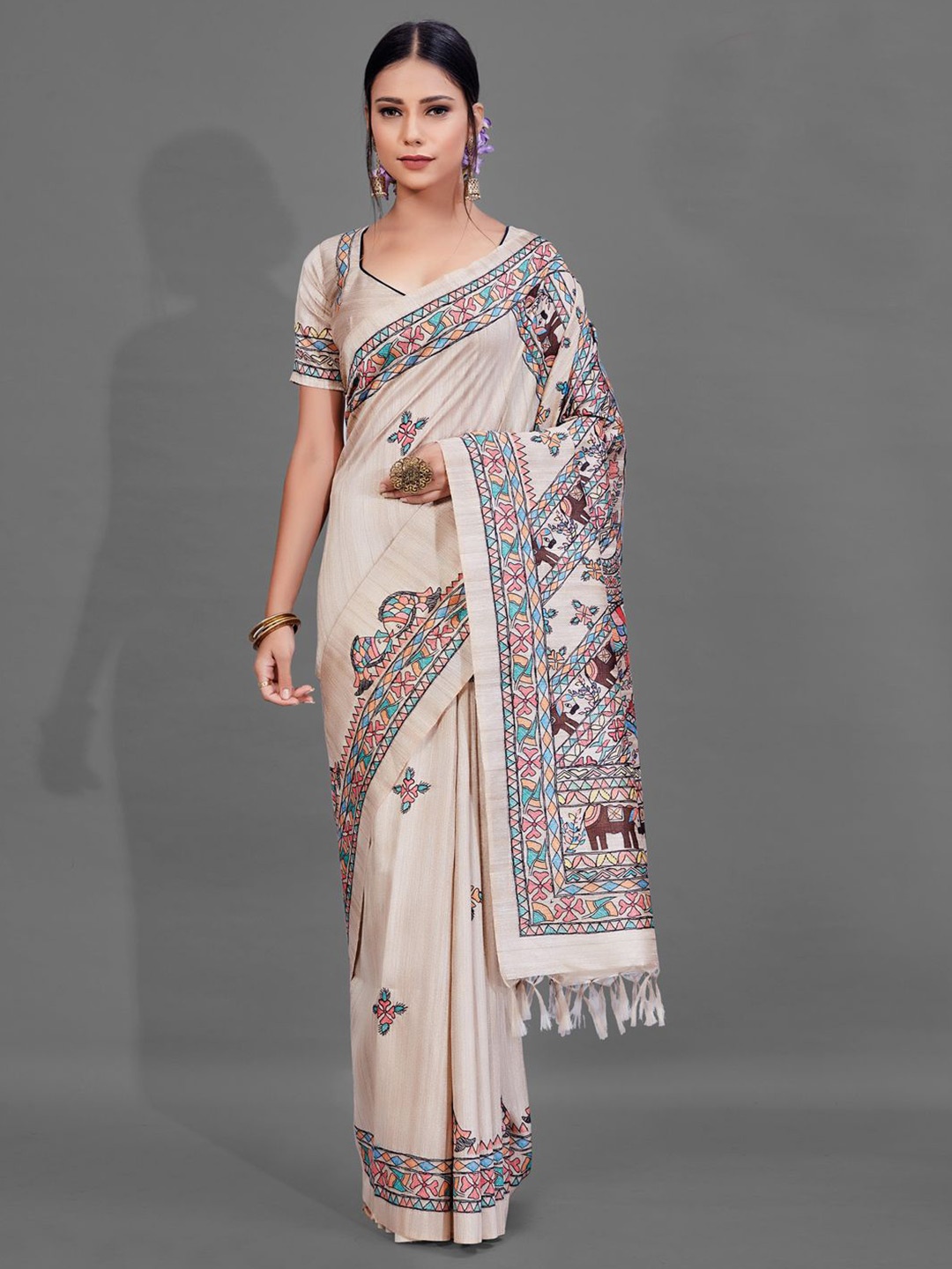 

Mitera Kalamkari Silk Blend Baluchari Saree, Beige