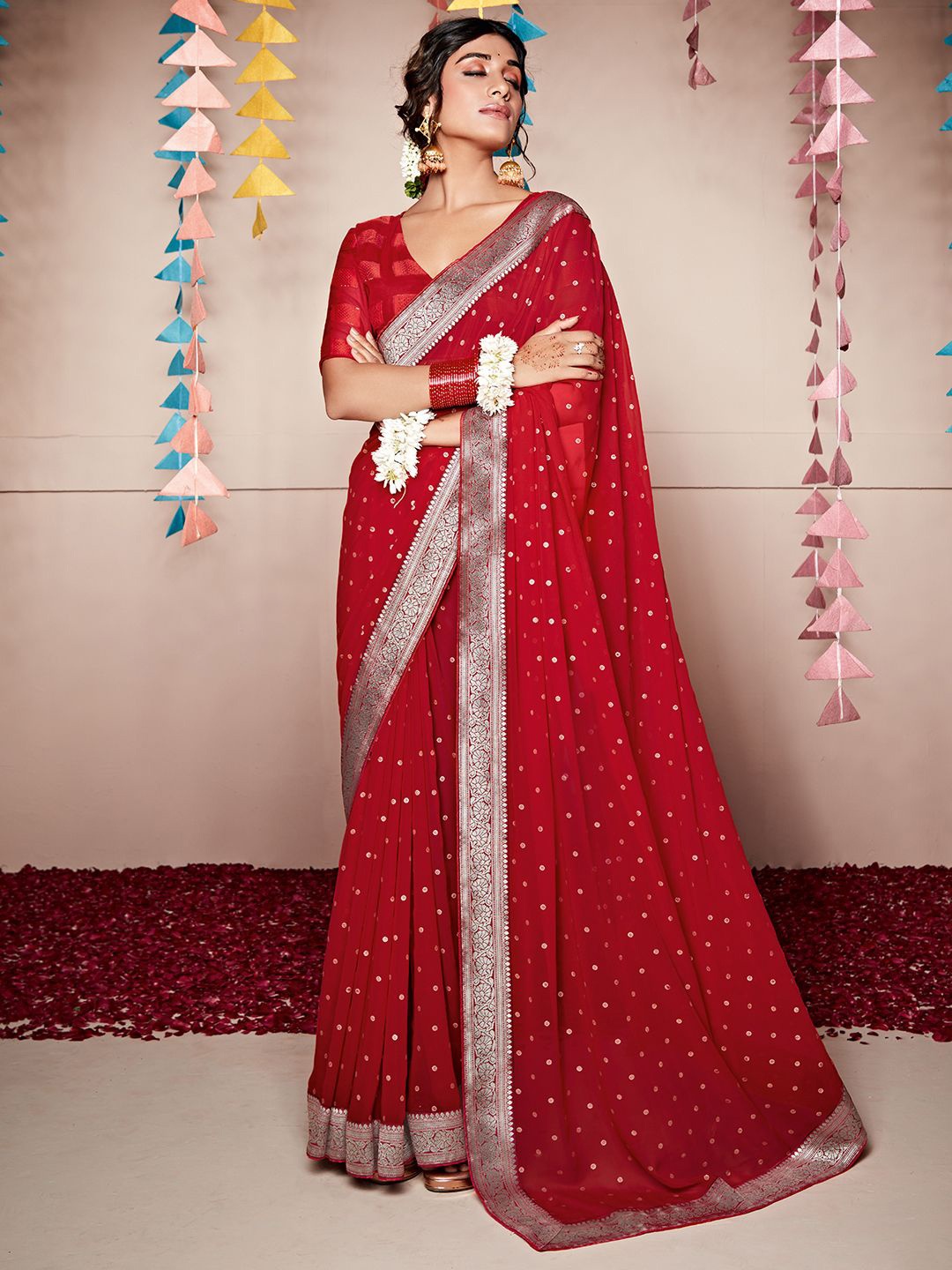 

Mitera Ethnic Motifs Zari Poly Georgette Saree, Red