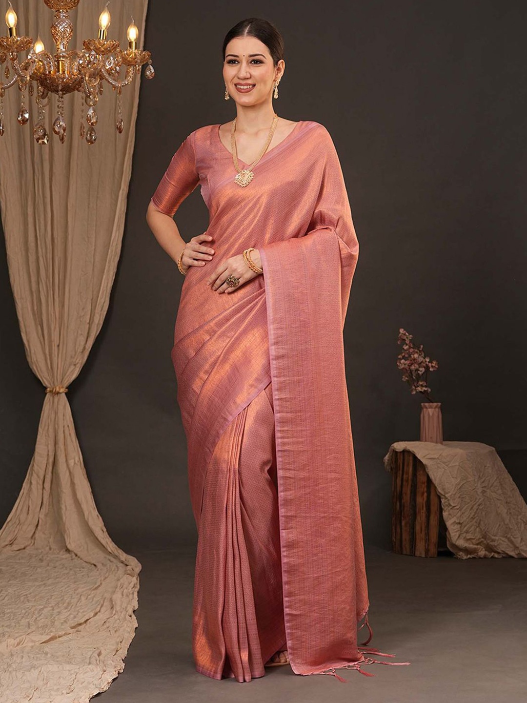 

Mitera Ethnic Motifs Silk Blend Designer Kanjeevaram Saree, Peach