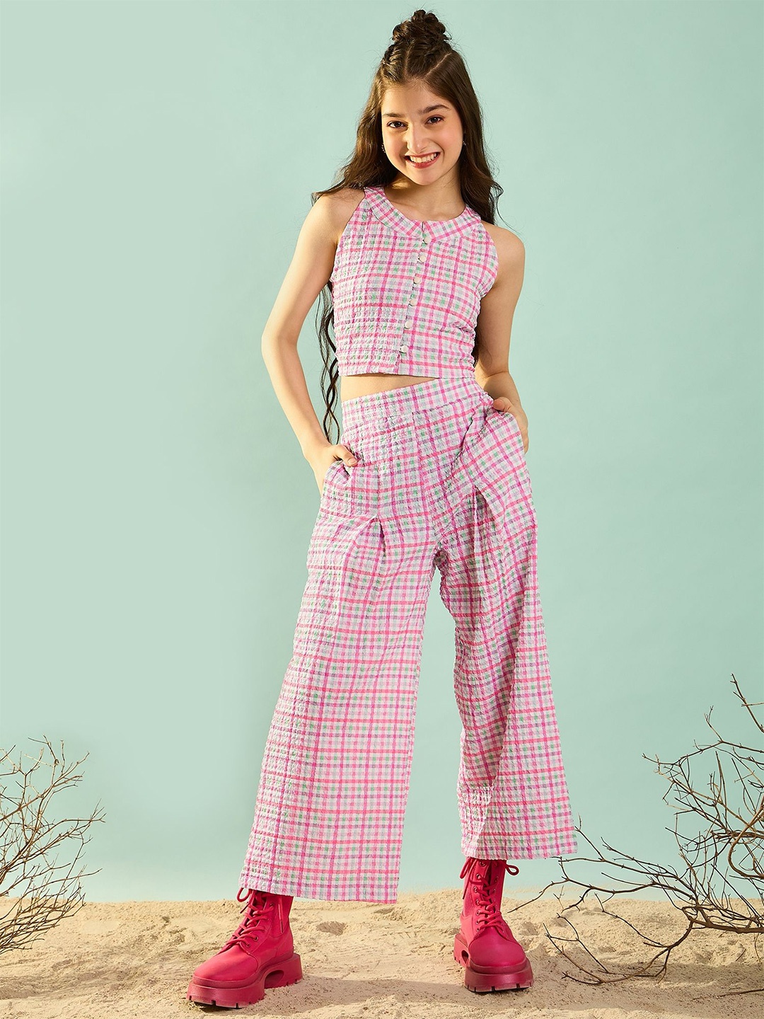 

Cherry & Jerry Girls Checked V-Neck Crop Top With Trousers, Pink