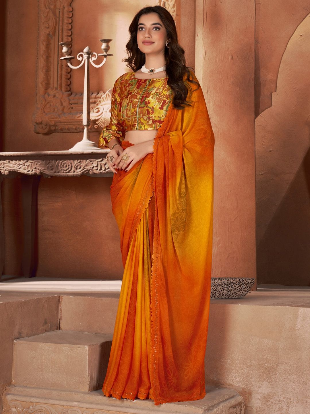 

Mitera Ethnic Motifs Beads and Stones Poly Georgette Saree, Orange