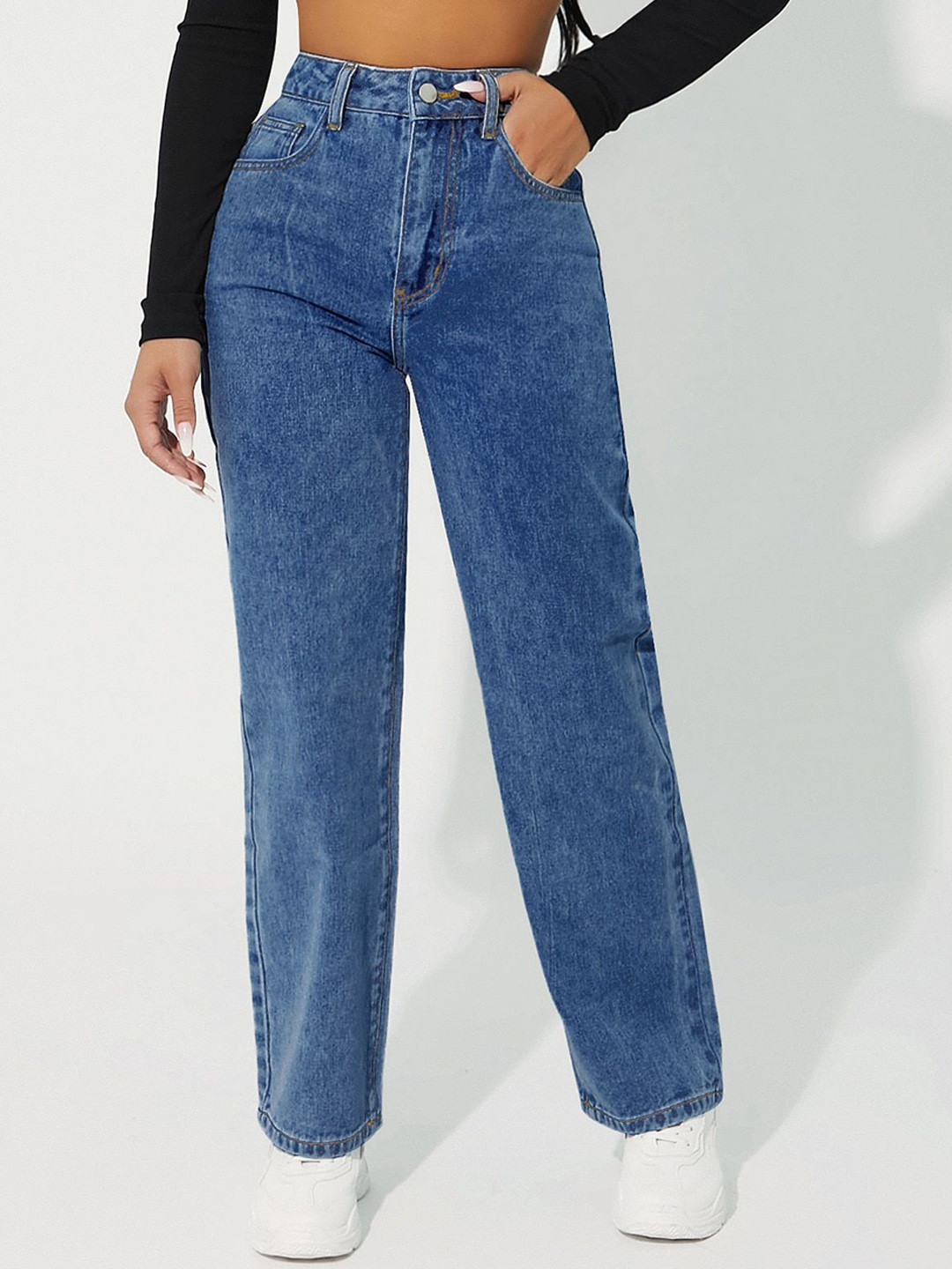 

DressBerry Women Comfort Straight Fit High-Rise Light Fade Acid Wash Stretchable Jeans, Blue