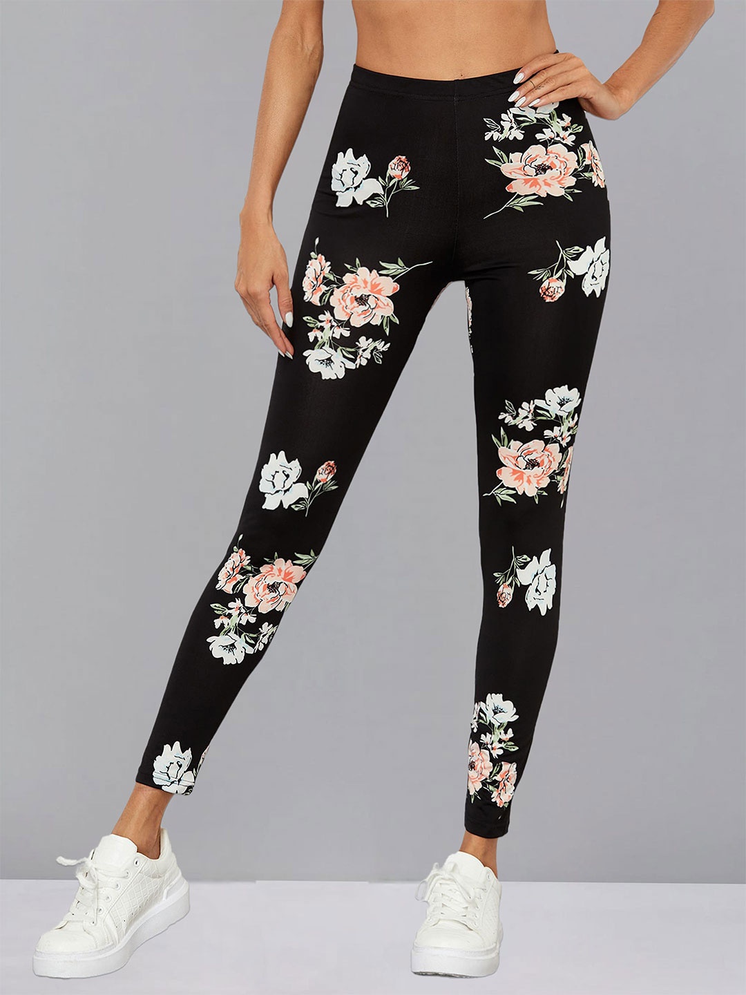 

DTR FASHION Floral Printed Mid-Rise Ankle-Length Gym Tights, Black