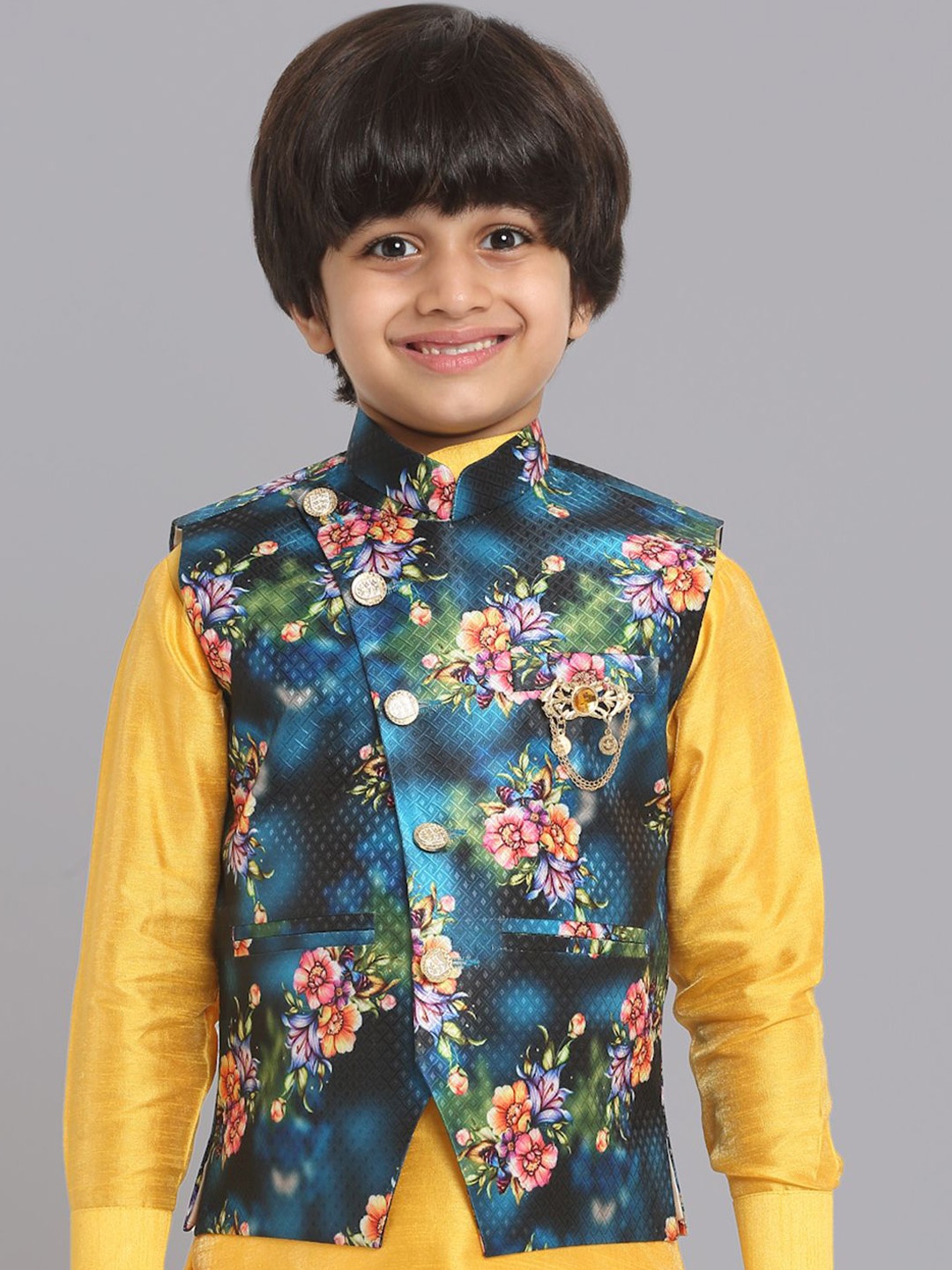 

CENSAL Boys Floral Printed Mandarin Collar Satin Waistcoat With Brooch, Blue