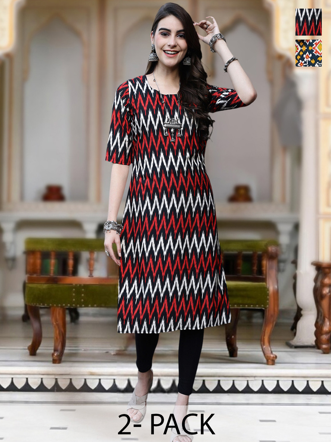 

Moda Rapido Selection Of 2 ChevronPrinted Round Neck Straight Kurta, White