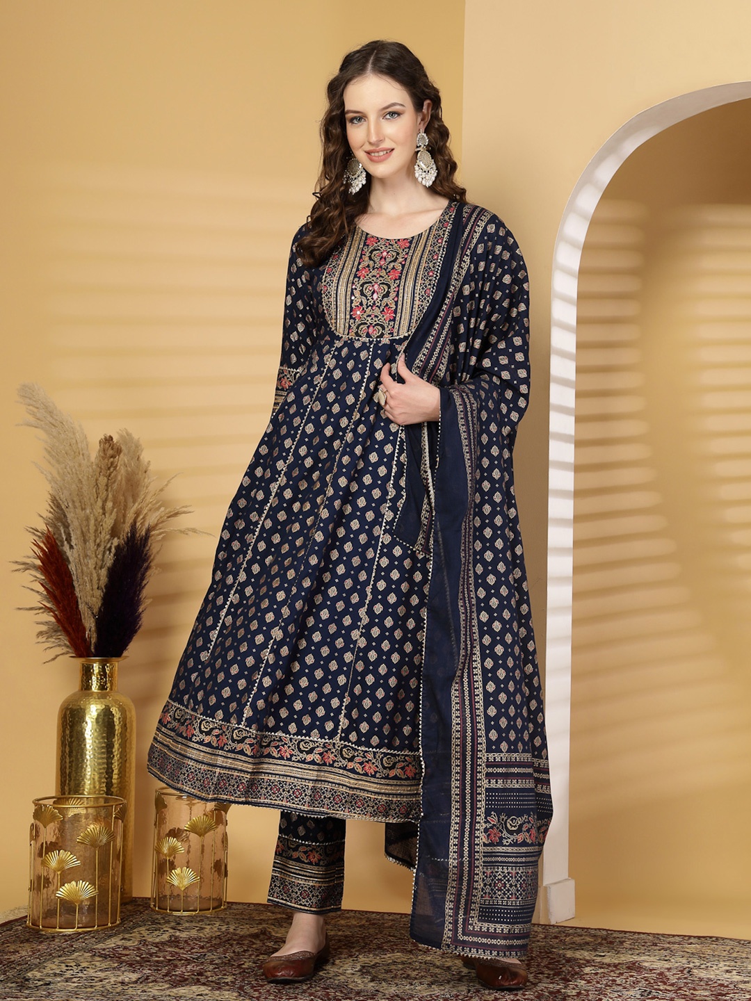 

KALINI Women Floral Embroidered Regular Kurta with Trousers & With Dupatta, Navy blue