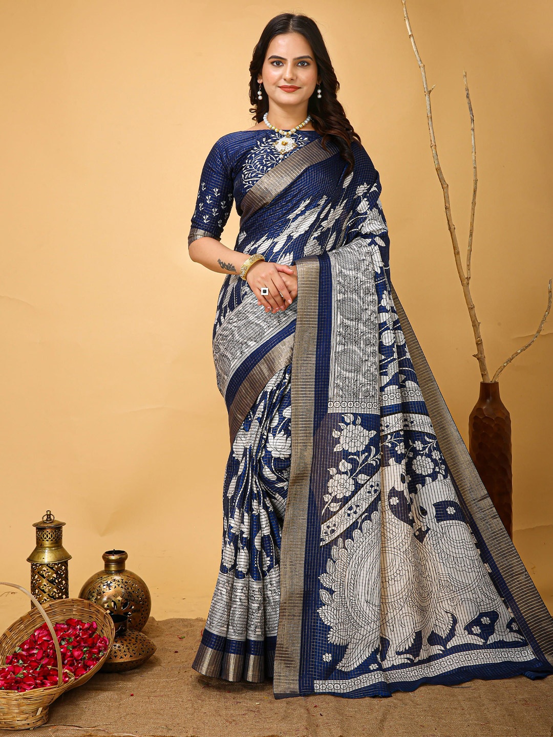 

DIVASTRI Kalamkari Zari Pure Cotton Kanjeevaram Saree, Blue