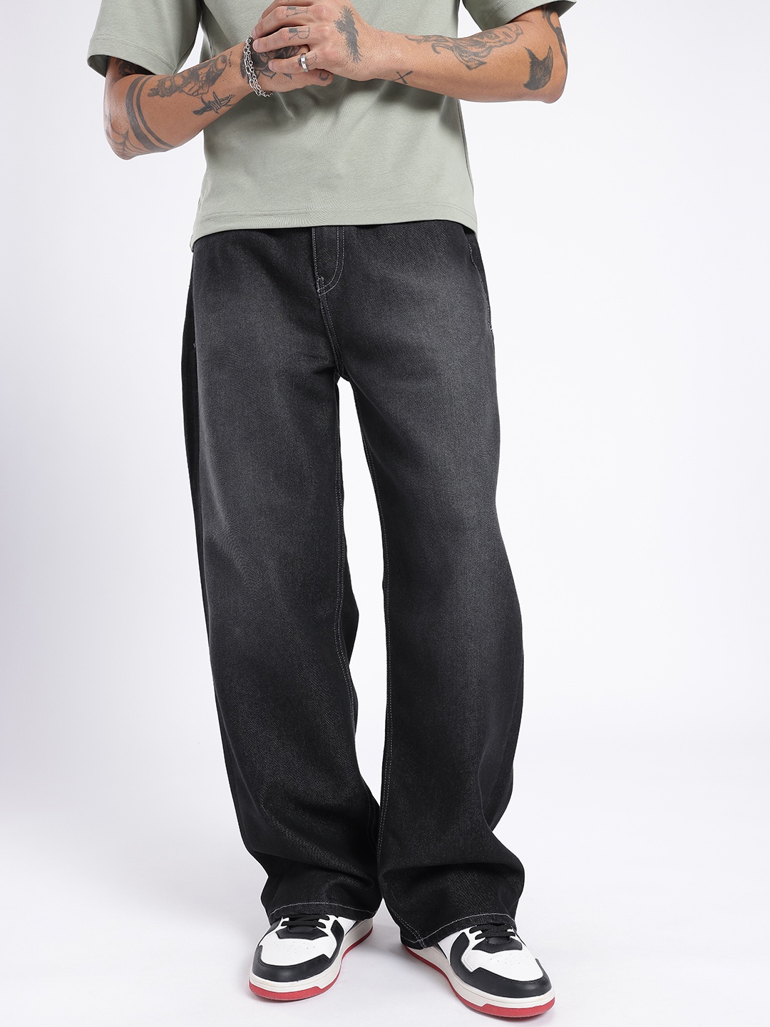 

glitchez Men Modern Cool Wide Leg Light Fade Jeans, Black