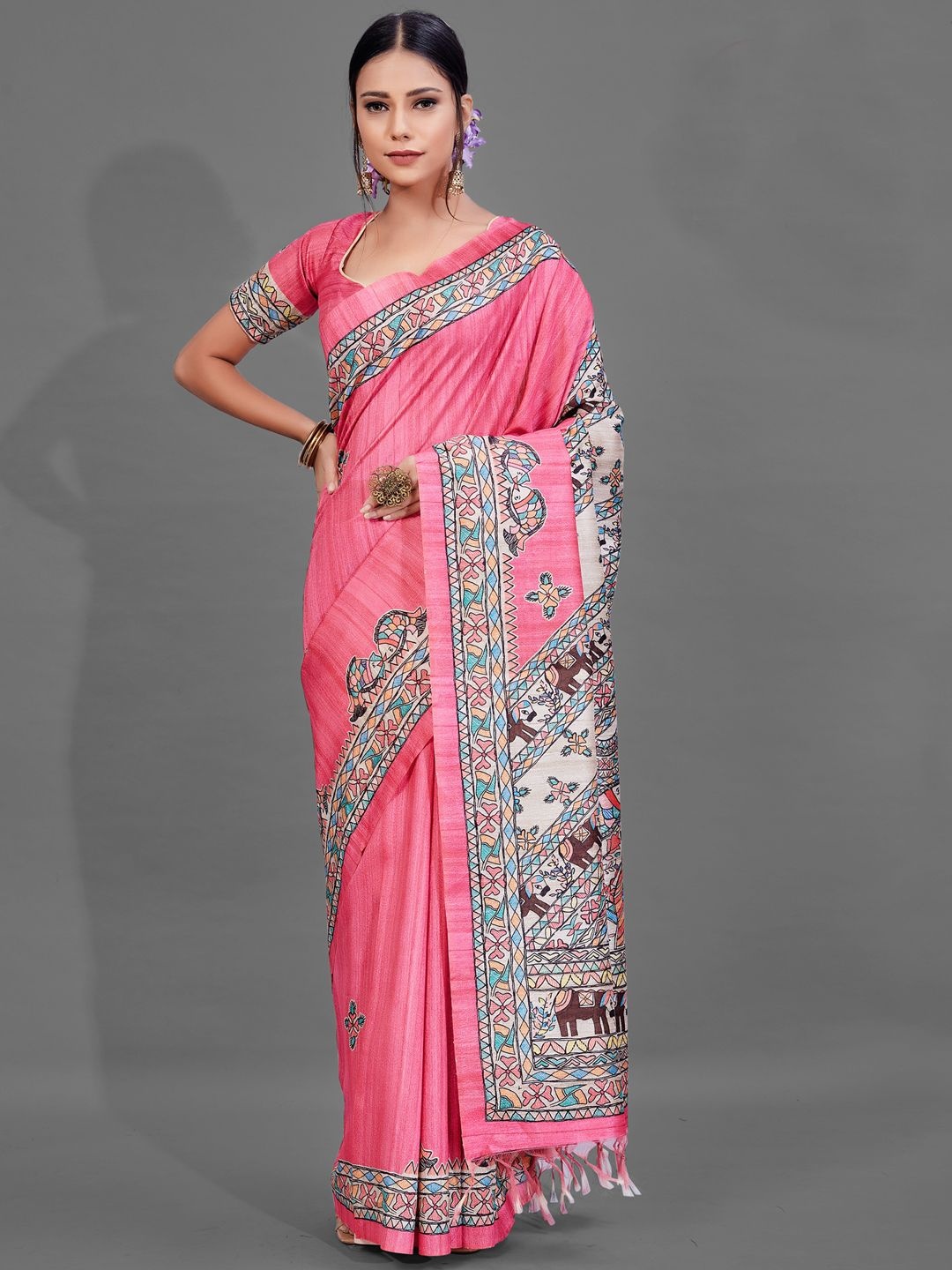 

Mitera Kalamkari Silk Blend Baluchari Saree, Pink