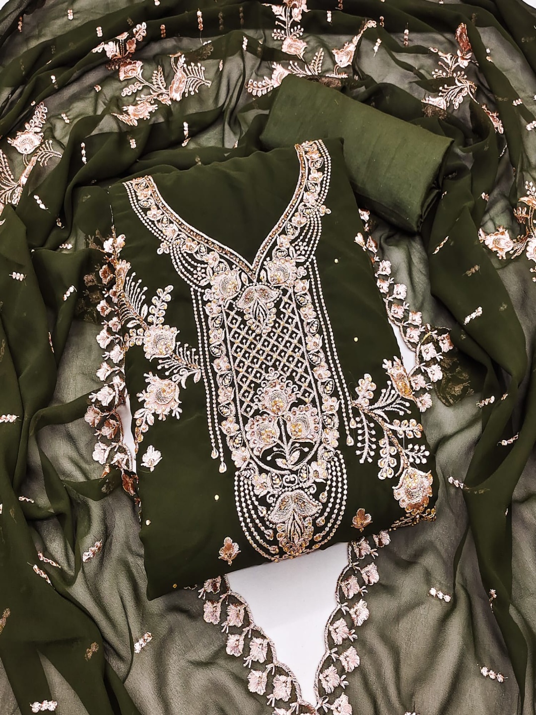 

Rangtulika Ethnics Floral Embroidered Georgette Unstitched Dress Material, Olive