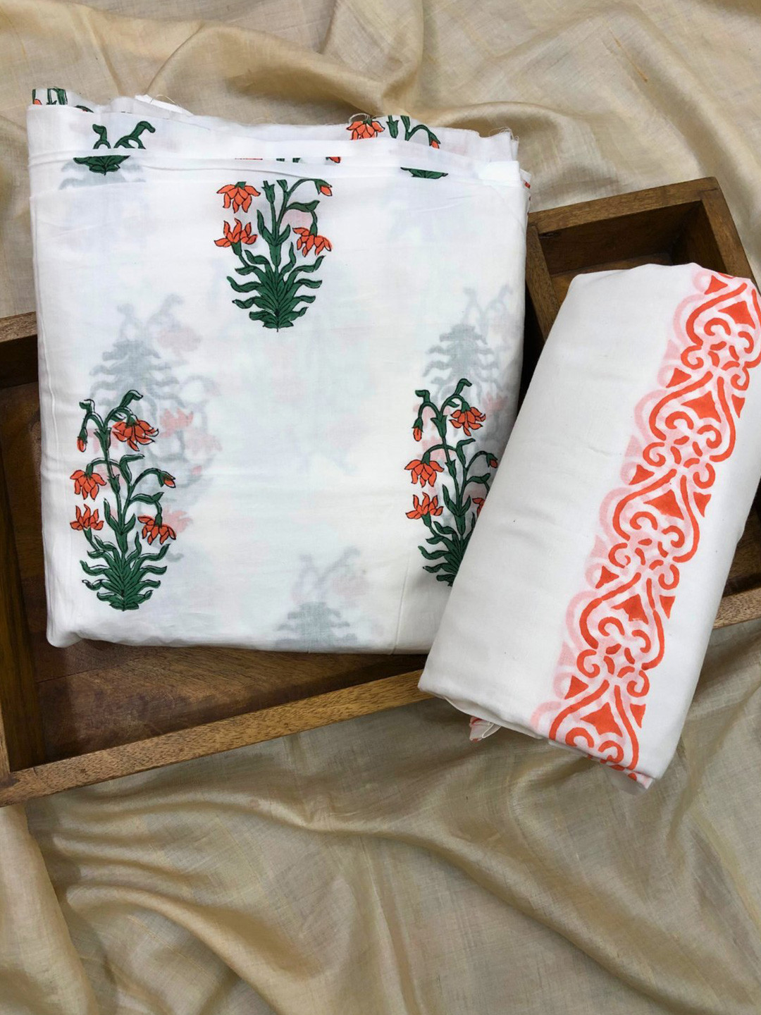 

PALASH Floral Printed Block Print Technique Pure Cotton Unstitched Dress Material, White