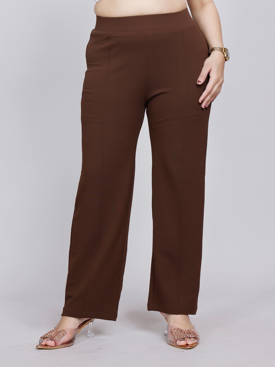 

NU CLOTHS Women Relaxed Straight Leg High-Rise Trousers, Brown