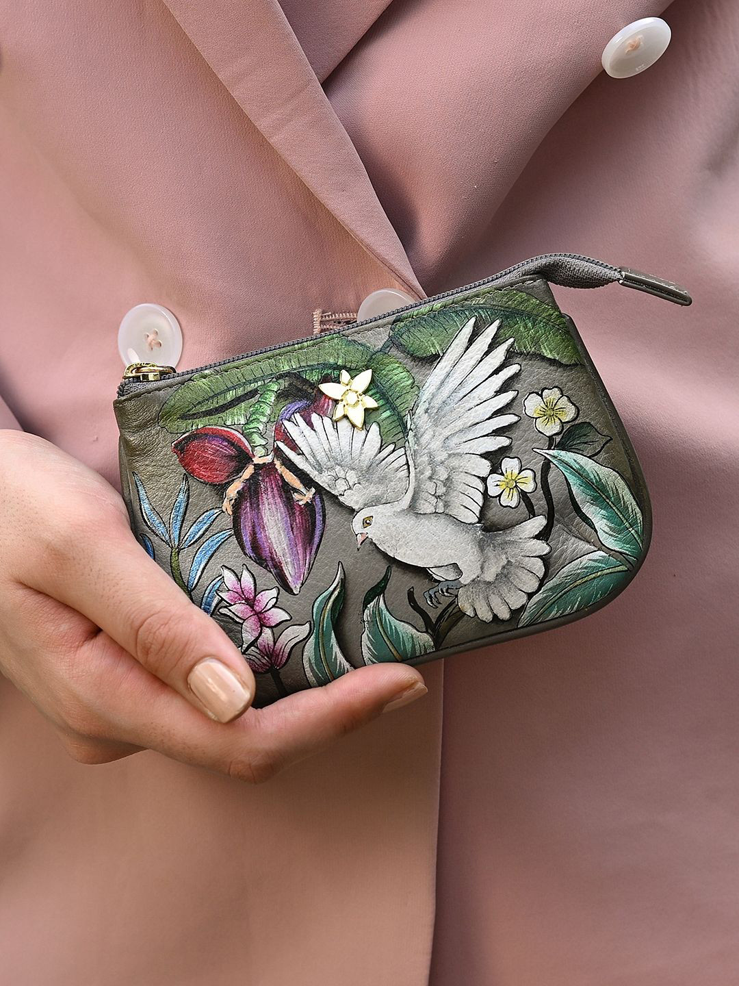 

Anuschka Hand Painted Wings of Peace Leather Medium Zip Pouch, Grey