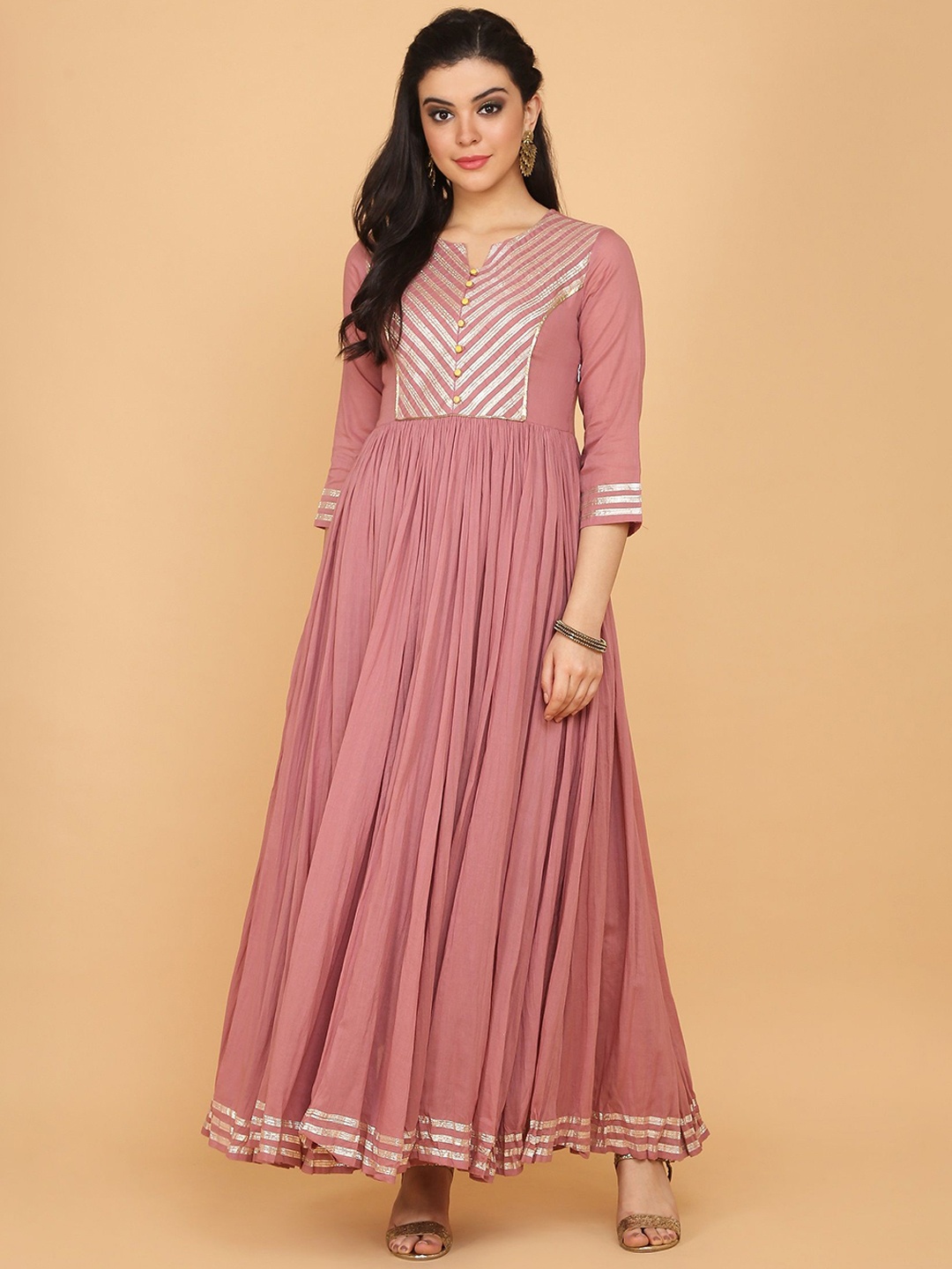 

KALINI Striped Self Design Embellished Gotta Patti Pure Cotton Anarkali Kurta, Pink