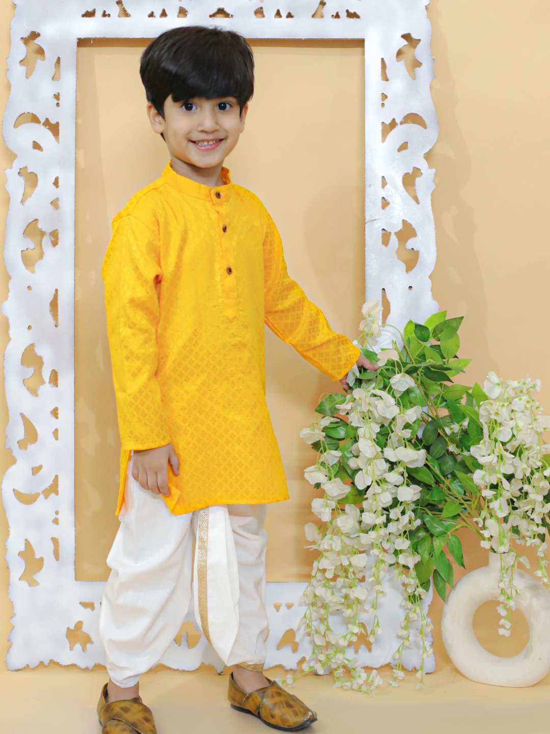 

MoMaa Boys Regular Gotta Patti Kurta with Dhoti Pants, Yellow